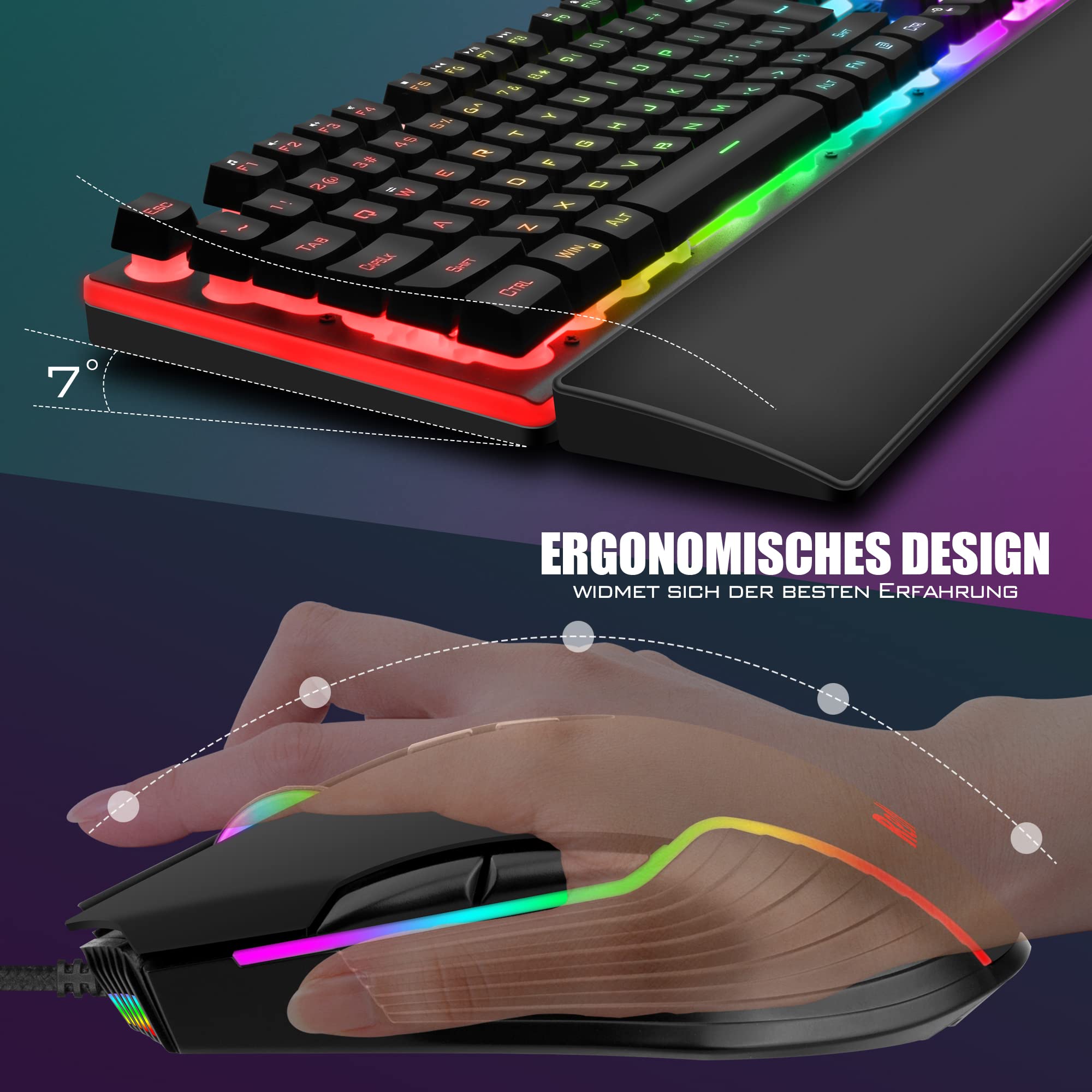 RedThunder K10 Combo Tastiera e Mouse Cablati RGB con Poggiapolsi