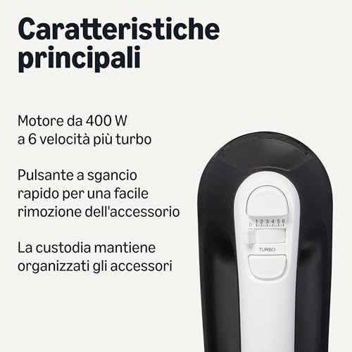Amazon Basics Mixer Manuale Elettrico 400W 6 Velocità Nero