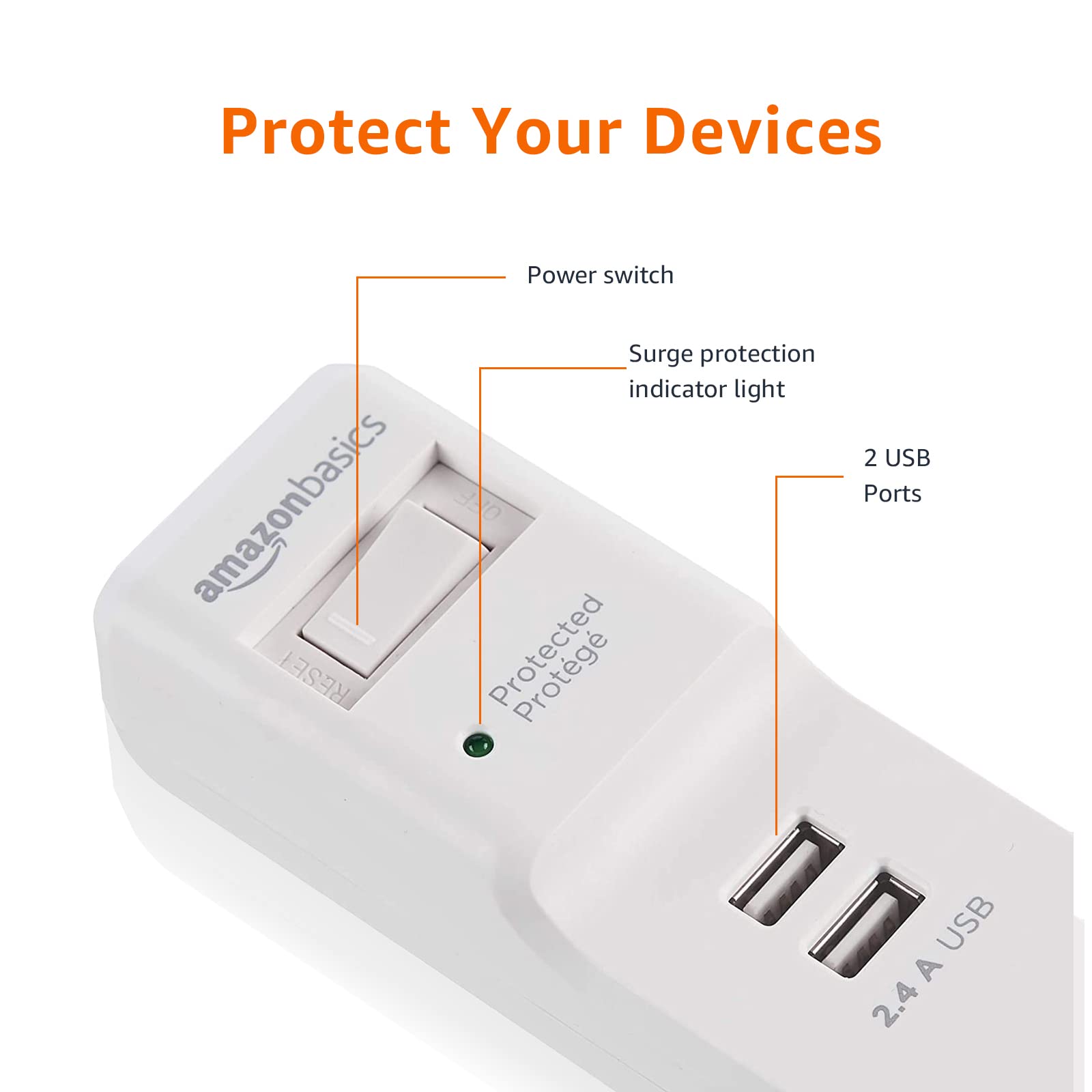 AmazonBasics Multipresa 6 Prese con 2 USB 1000 Joule
