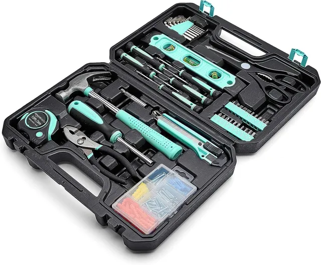 AmazonBasics kit attrezzi casa 142 pezzi turchese con valigetta