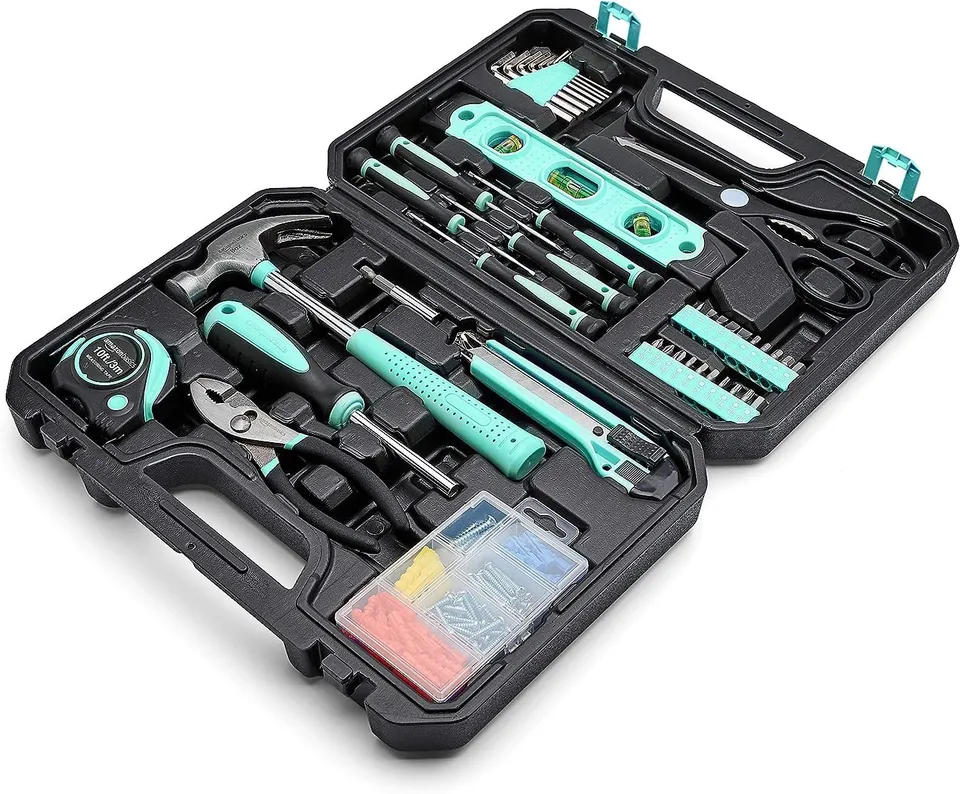 AmazonBasics kit attrezzi casa 142 pezzi turchese con valigetta