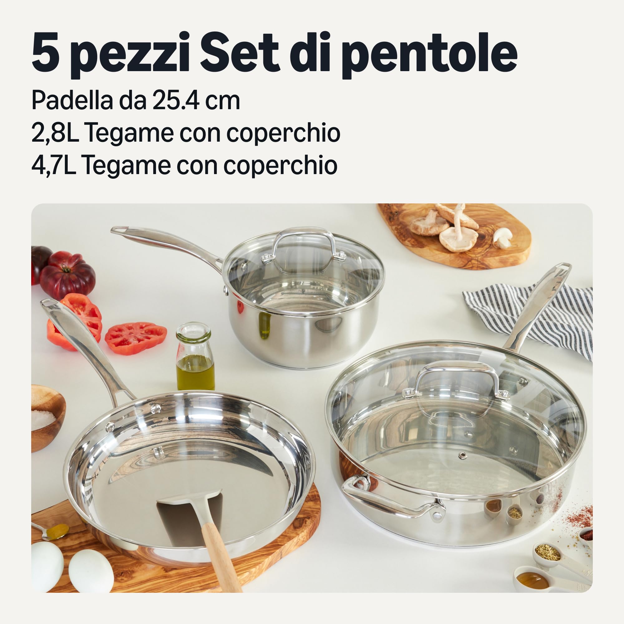 AmazonBasics Set Pentole Inox 5 Pezzi Induzione