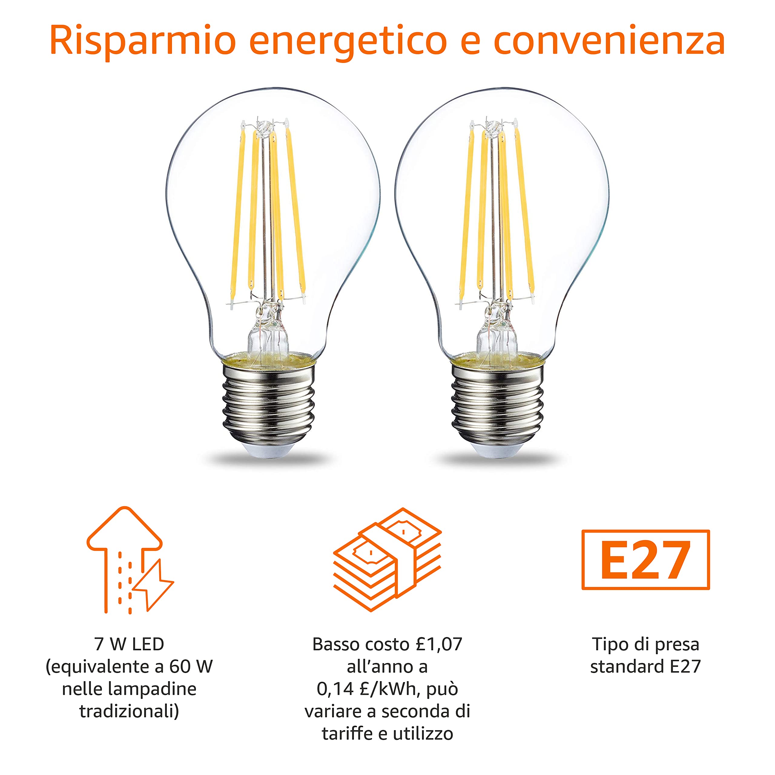 AmazonBasics Lampadine LED E27 7W Luce Calda 2 Pezzi