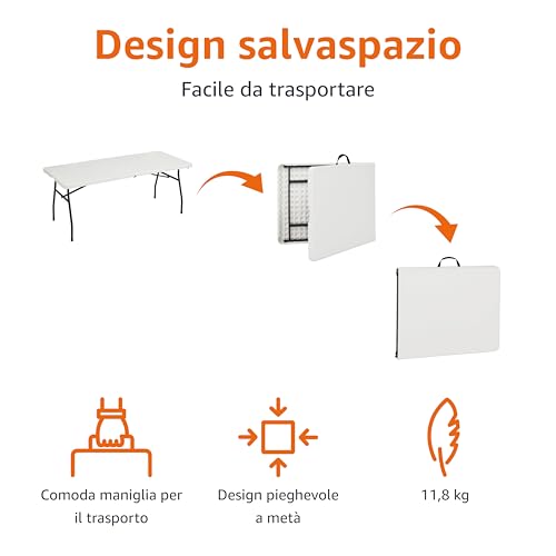 AmazonBasics Tavolo Pieghevole 182 cm Bianco con Maniglia