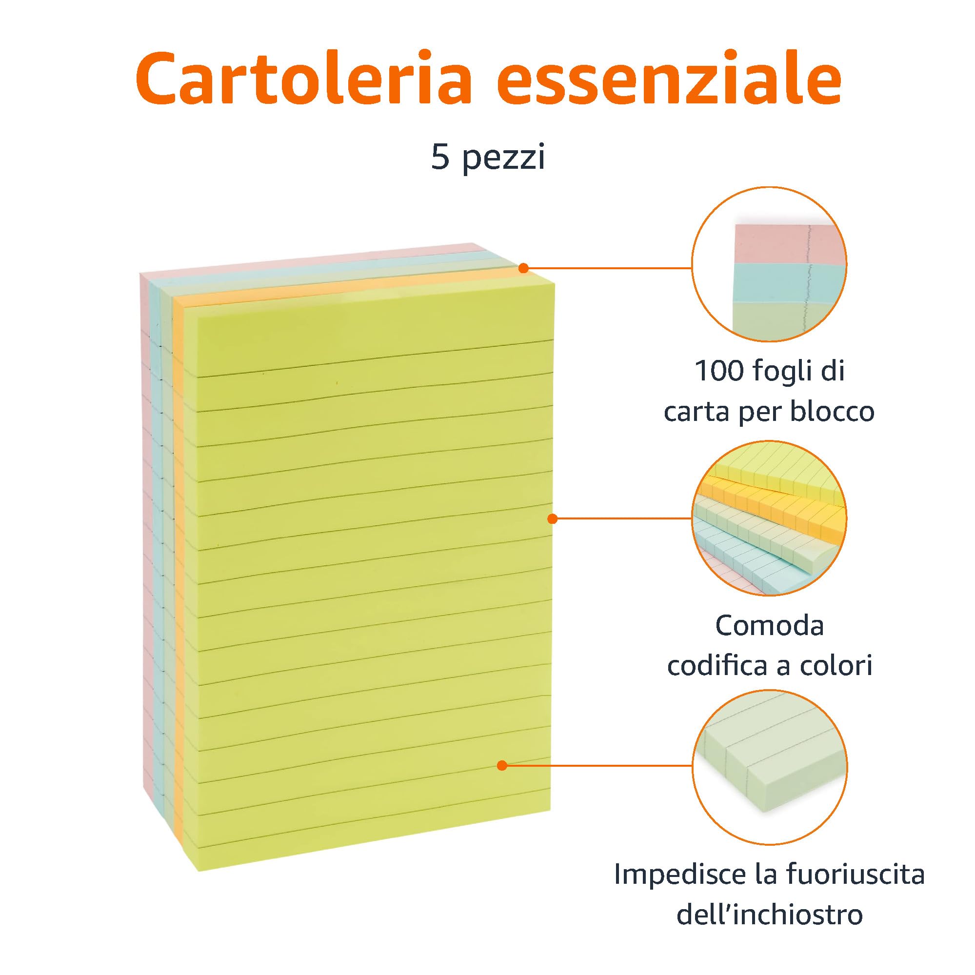 AmazonBasics Foglietti Adesivi a Righe 10,16x15 cm 5 Blocchi