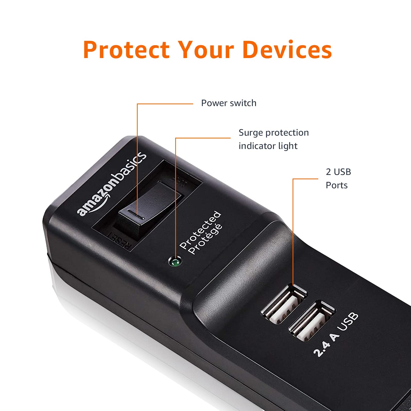 Amazon Basics Multipresa 6 Prese 2 USB 1000J Nera