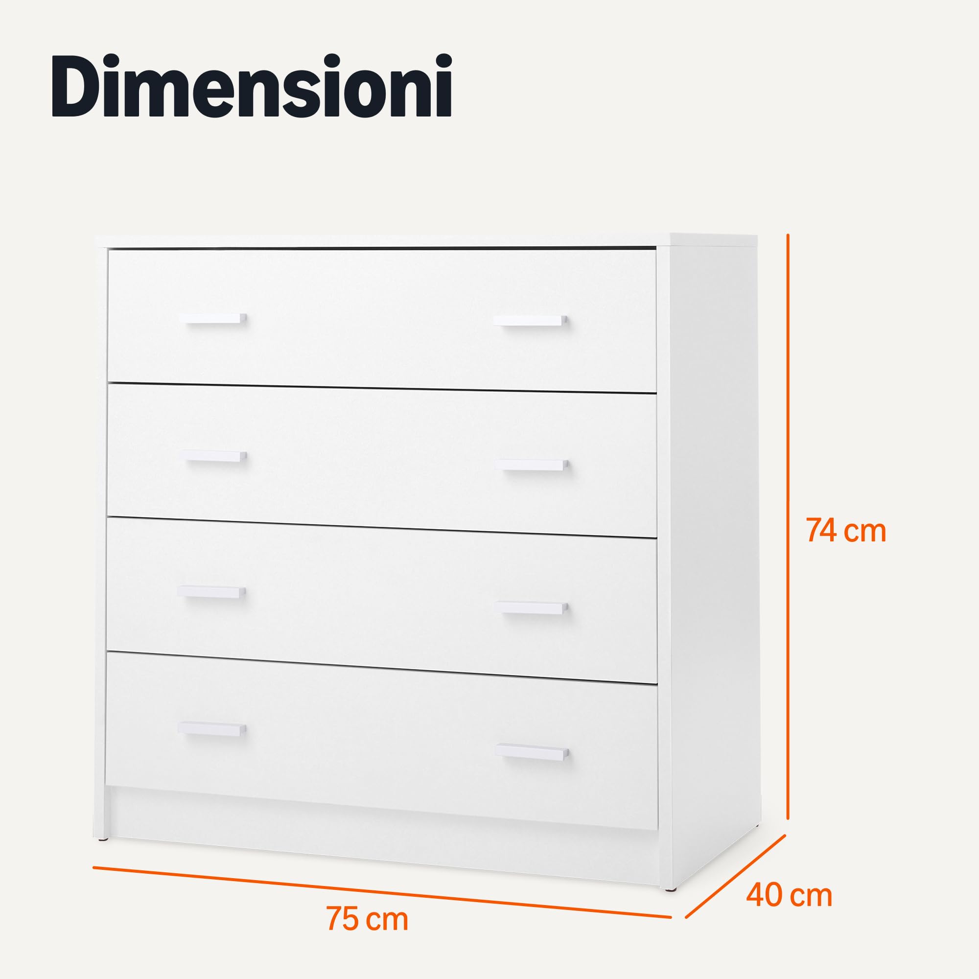 Amazon Basics Cassettiera 4 Cassetti Bianco 75x40x74 cm