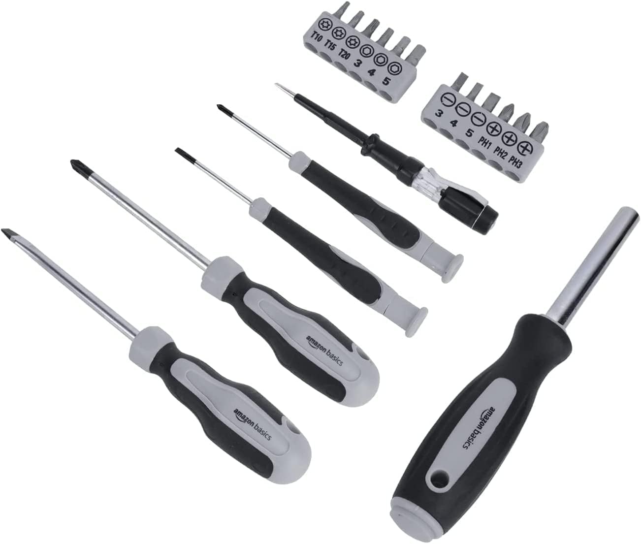AmazonBasics Set Utensili Casa 32 Pezzi Nero Grigio Acciaio
