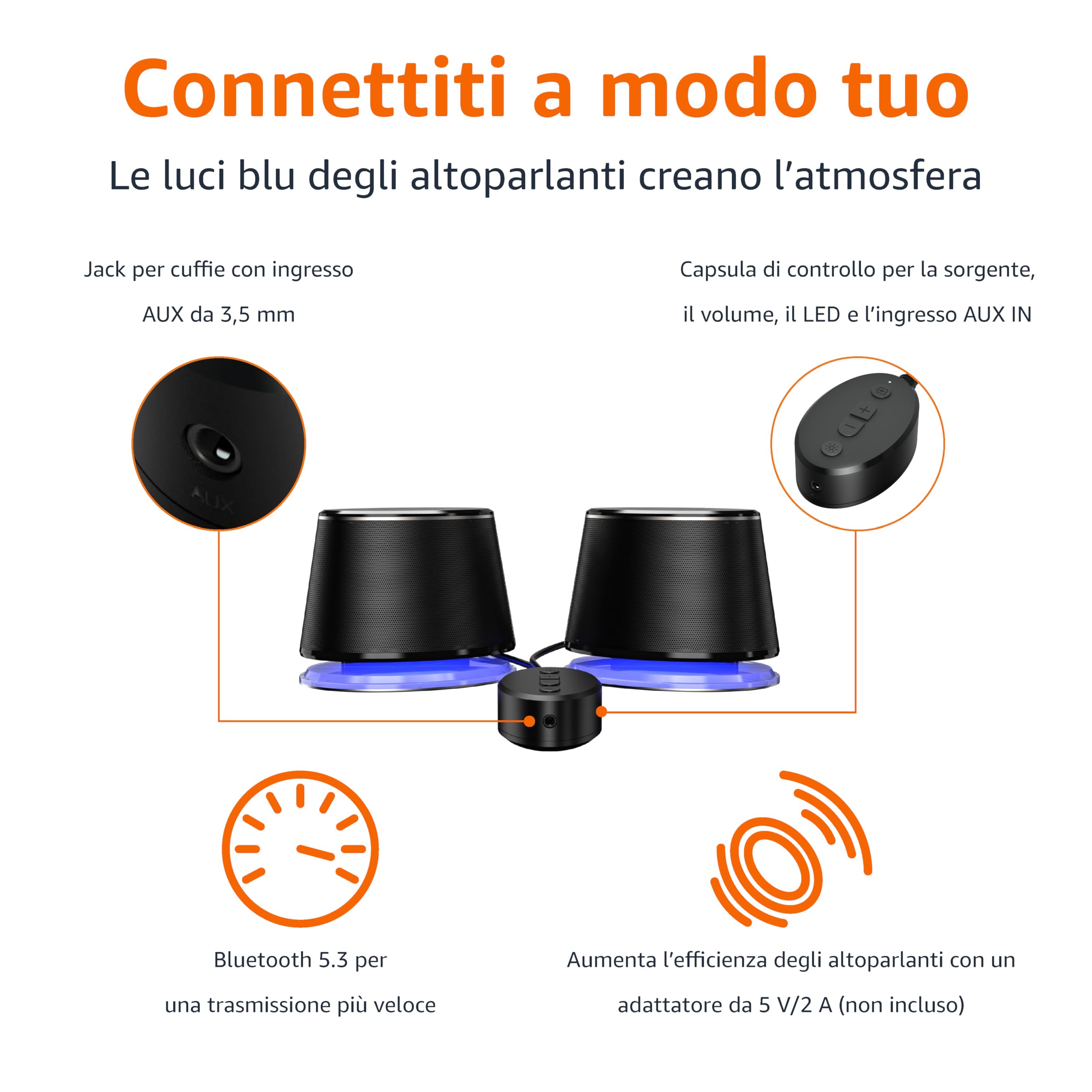 AmazonBasics Altoparlanti PC Bluetooth USB Grandi Neri LED Blu