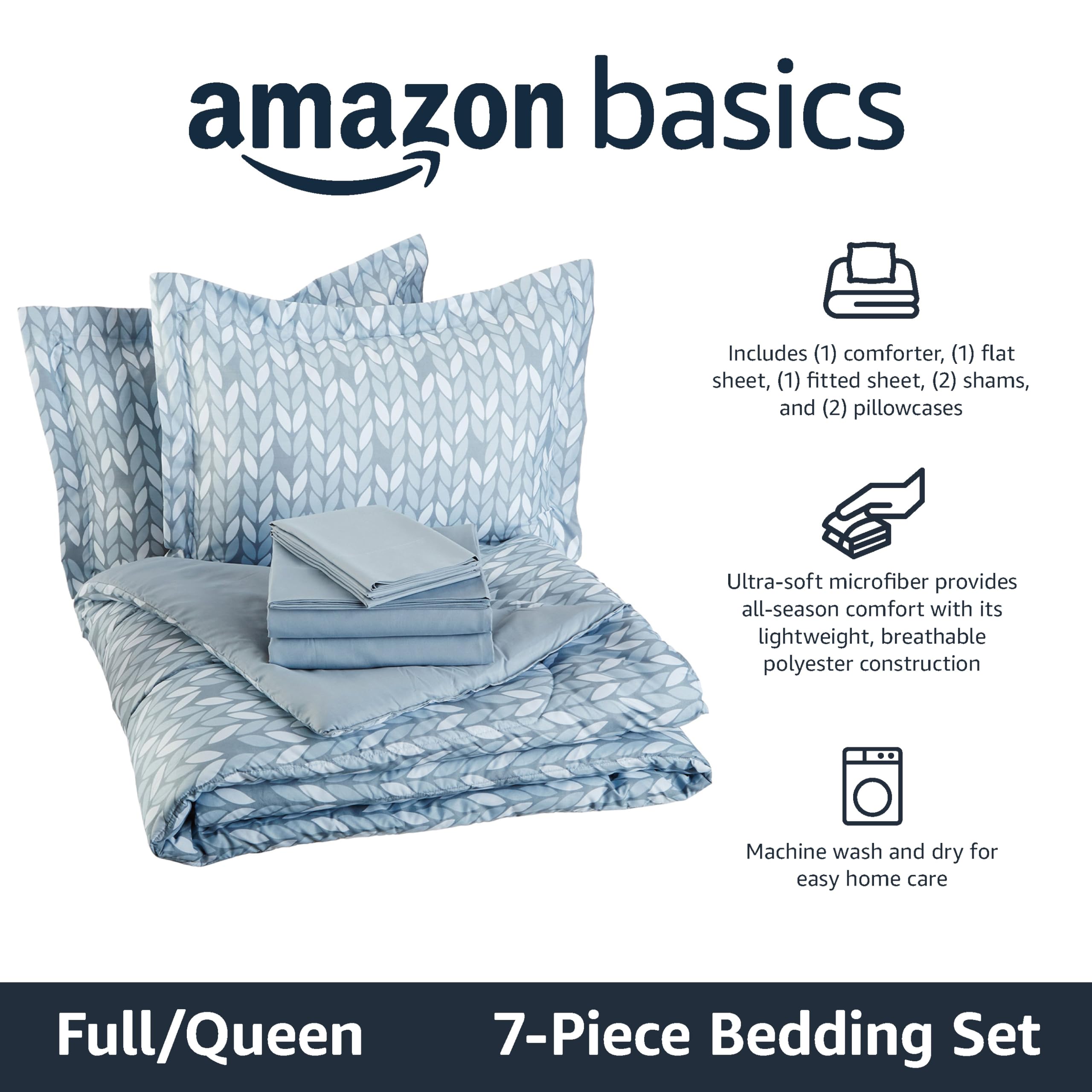 AmazonBasics Set Letto Full/Queen Grigio Foglie Poliestere