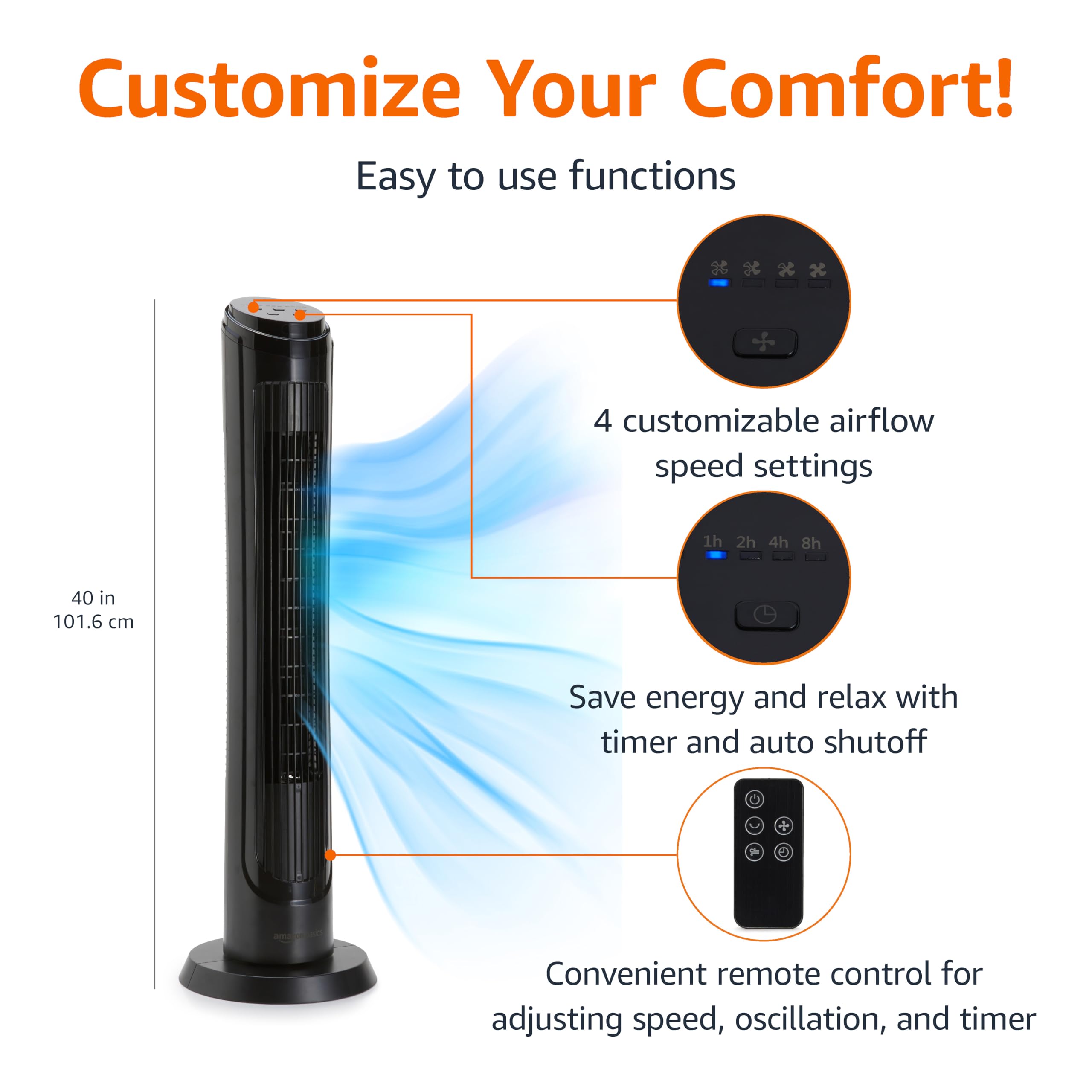 Amazon Basics ventilatore a torre 40 pollici telecomando 4 velocità