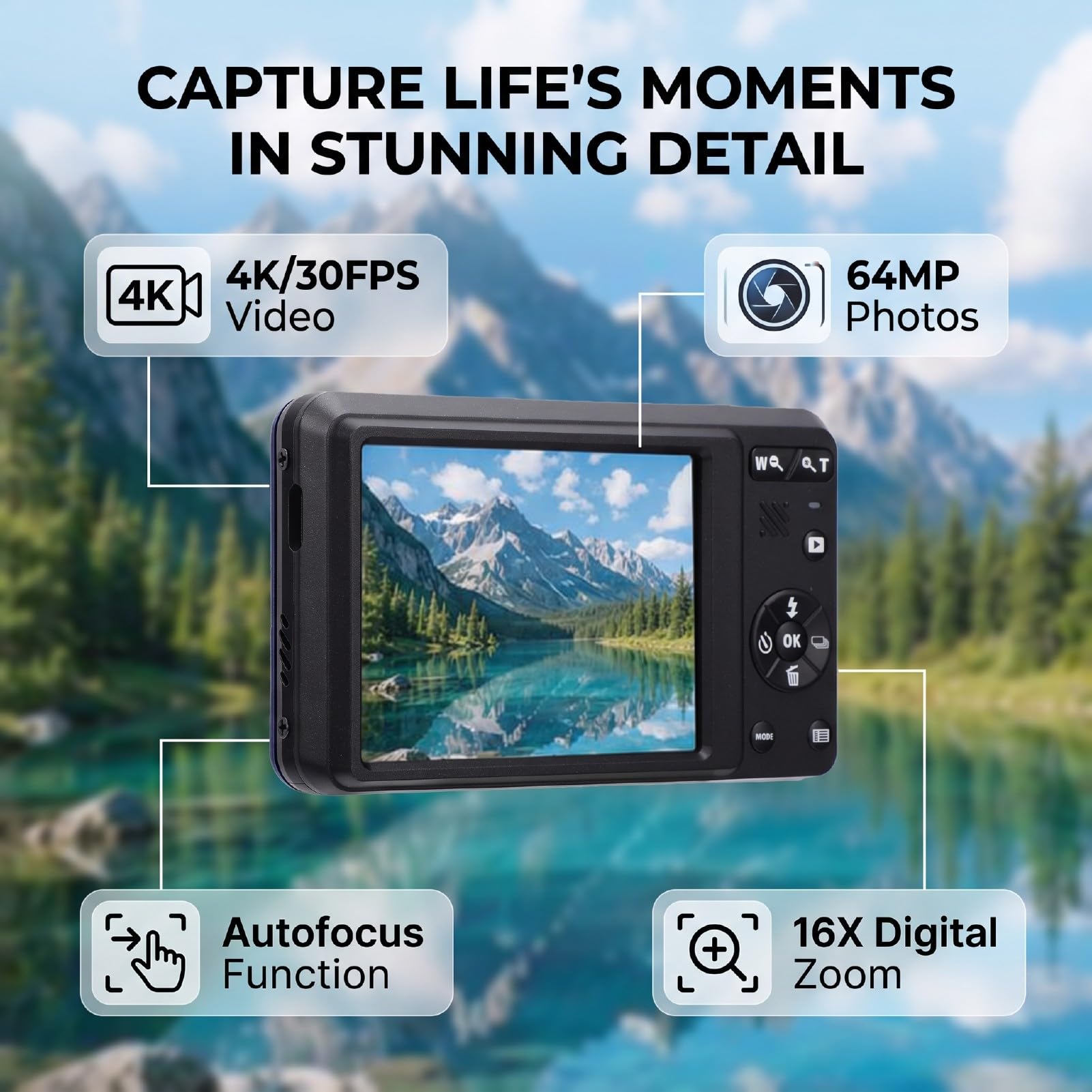Elprico Fotocamera Digitale 4K 64MP Blu Zoom 16x