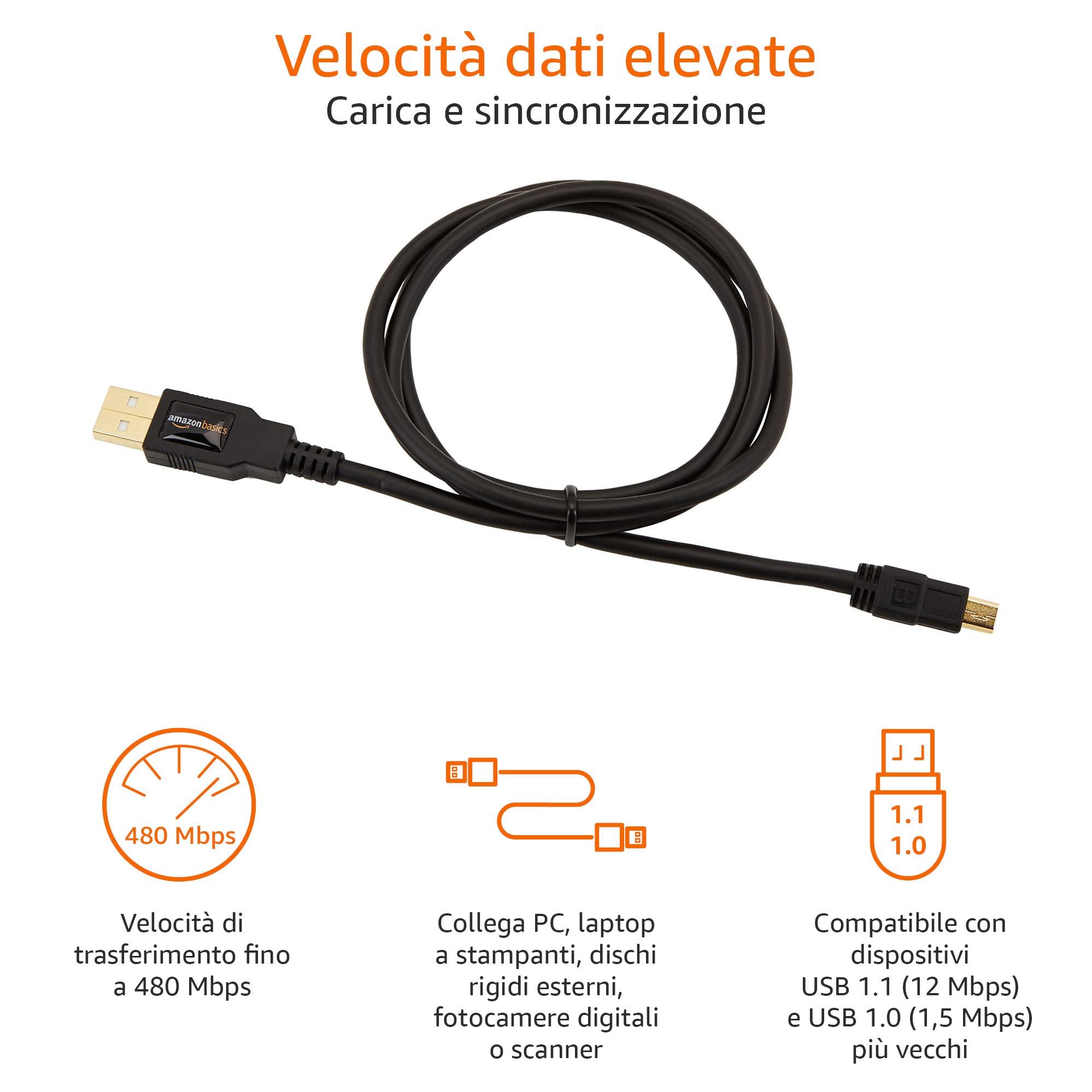 Amazon Basics Cavo USB-A Mini USB B 2.0 0.9m Nero Alta Velocità
