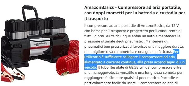 AmazonBasics Compressore Aria Portatile Digitale 12V Nero Rosso