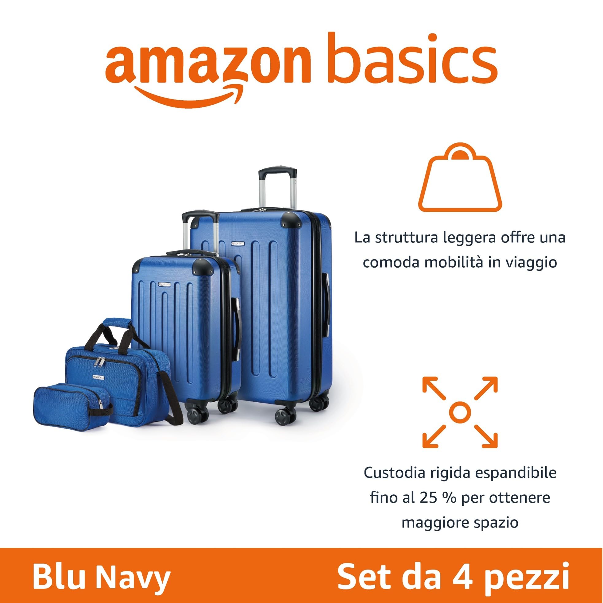 Amazon Basics Set 4 Valigie Rigide Blu Navy Espandibili