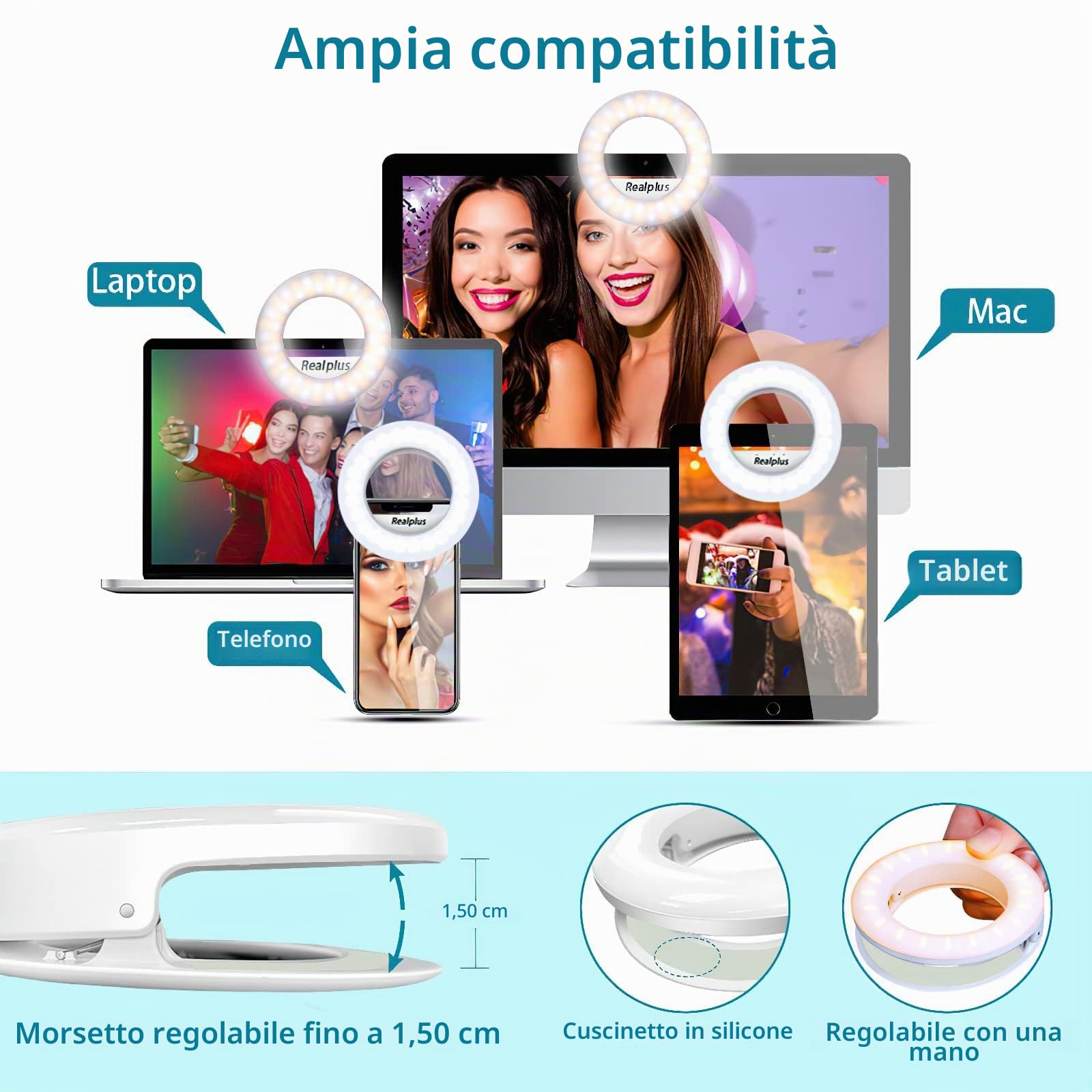 RealPlus Luce Selfie ad Anello LED con Clip Ricaricabile 40 LED