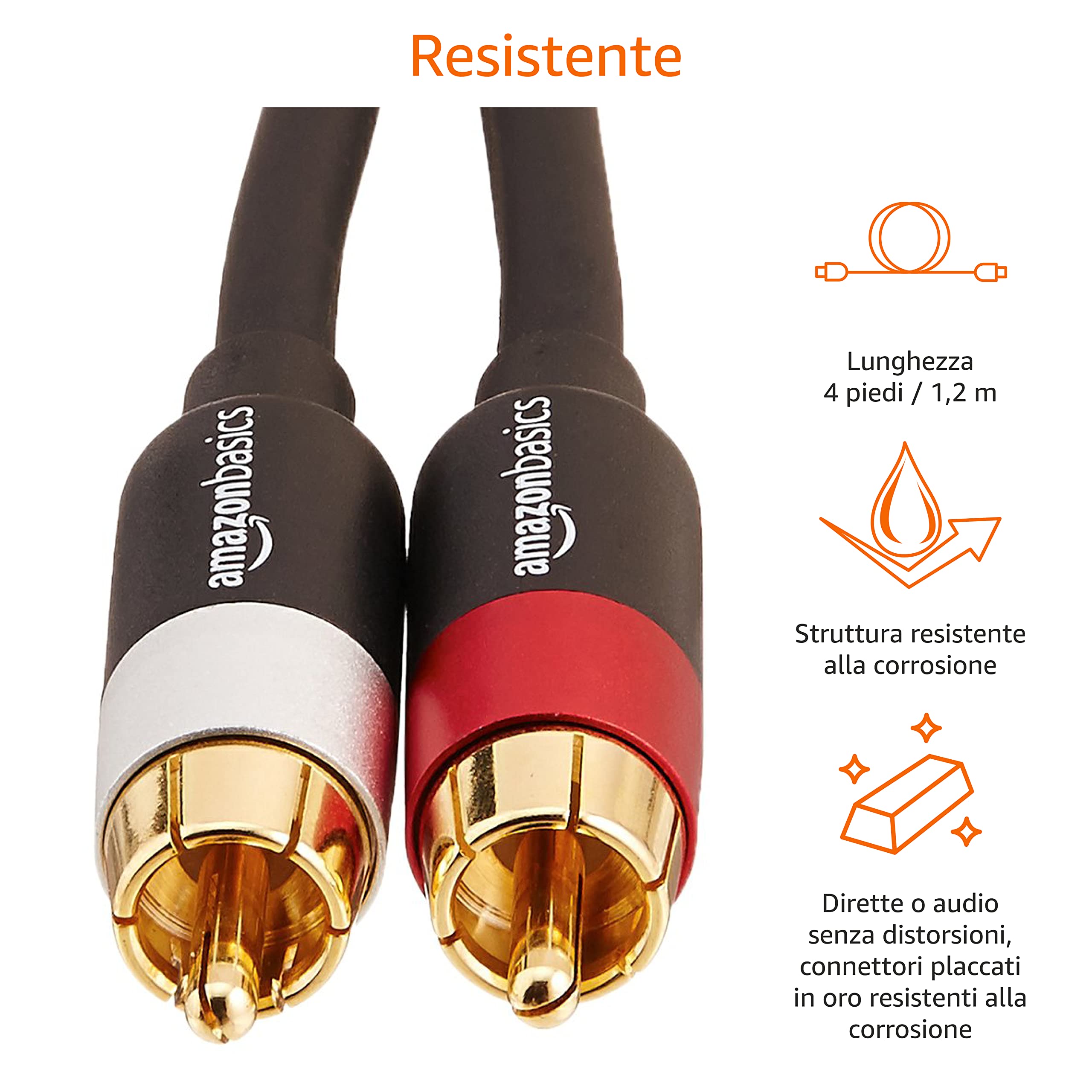 AmazonBasics Cavo Audio RCA 2 Maschi 1,22 m Placcato Oro