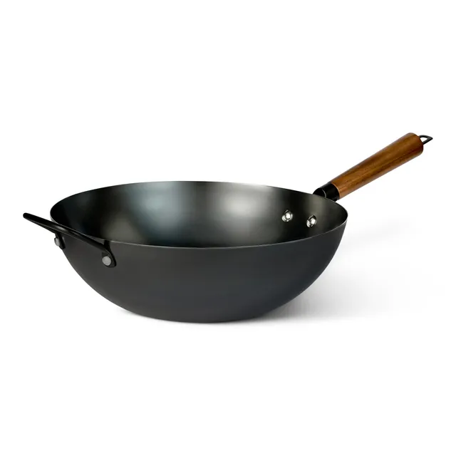 Amazon Basics Wok Acciaio al Carbonio 32 cm Manico Acacia
