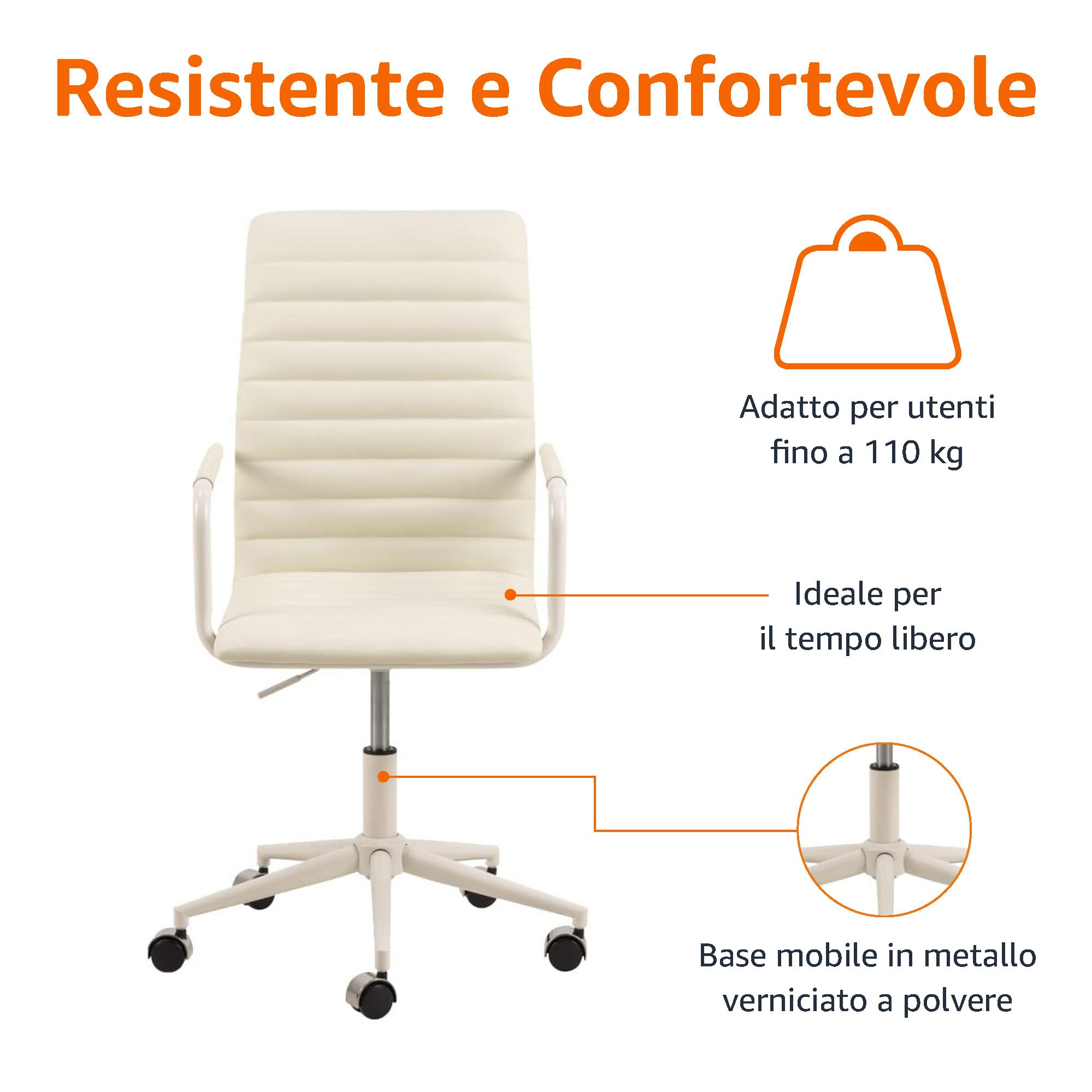 AmazonBasics Sedia Ufficio Ecopelle Bianca con Rotelle