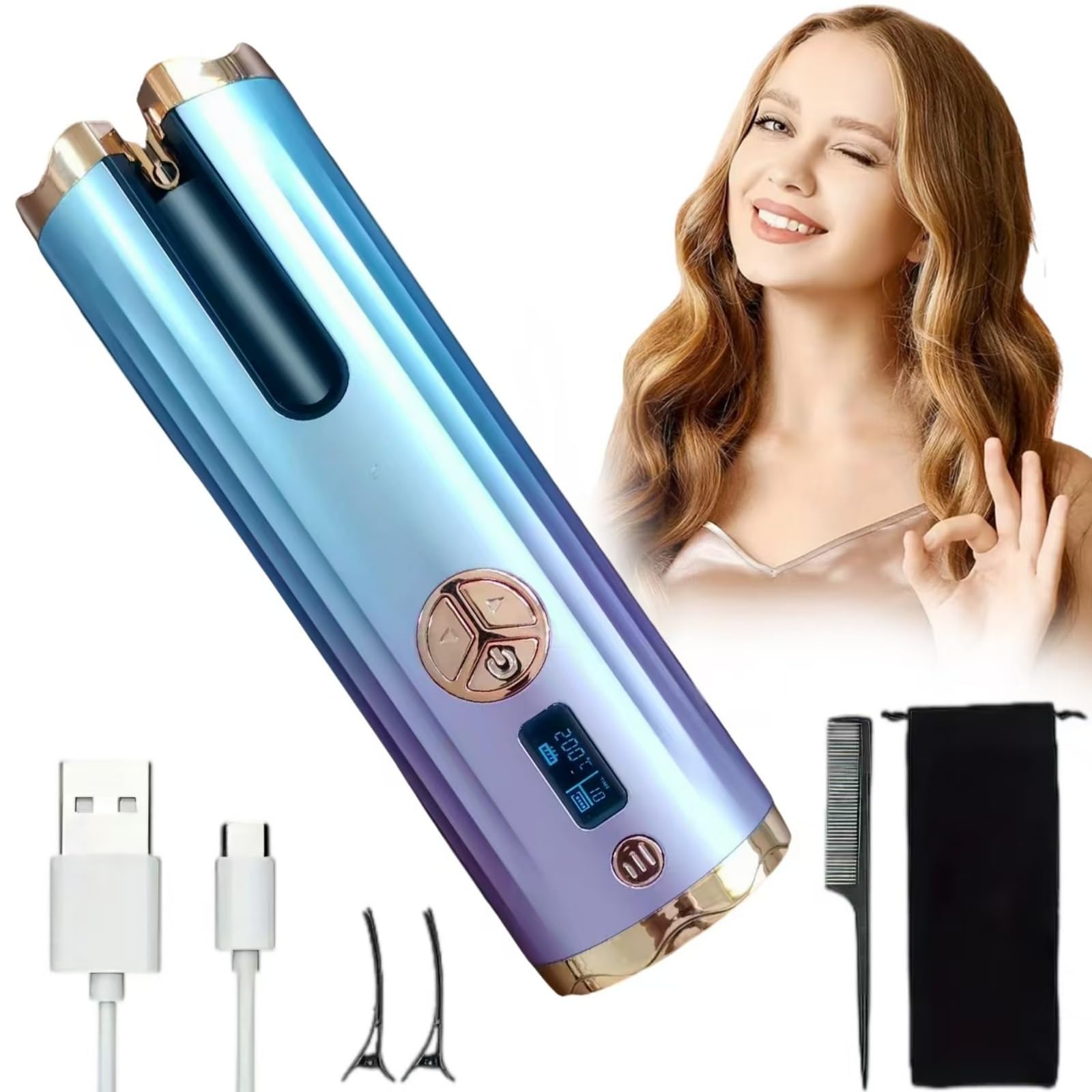 EMEBAY Ferro Arricciacapelli Automatico Senza Fili Ceramica USB