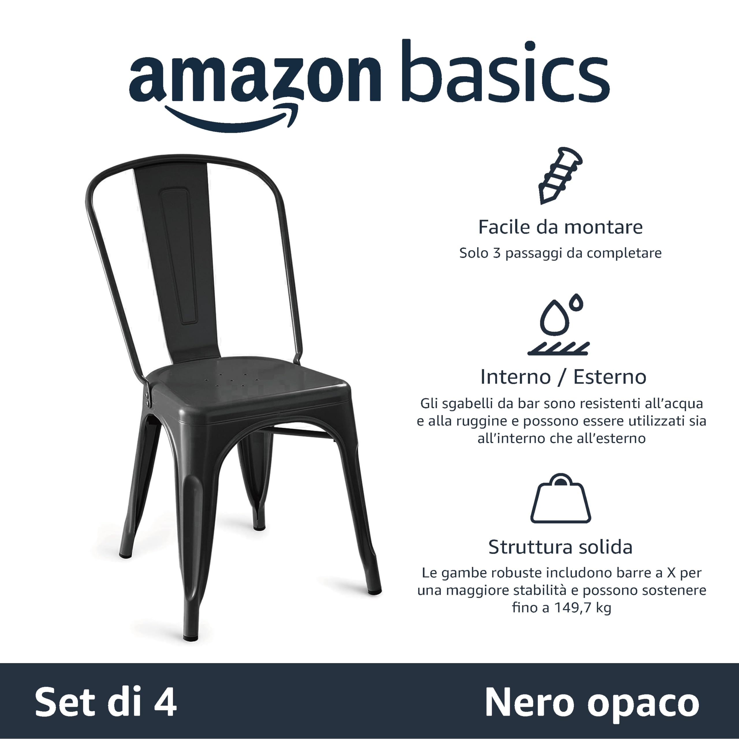Amazon Basics Sedie Metallo Nere Impilabili Set 4 Pezzi Interno Esterno