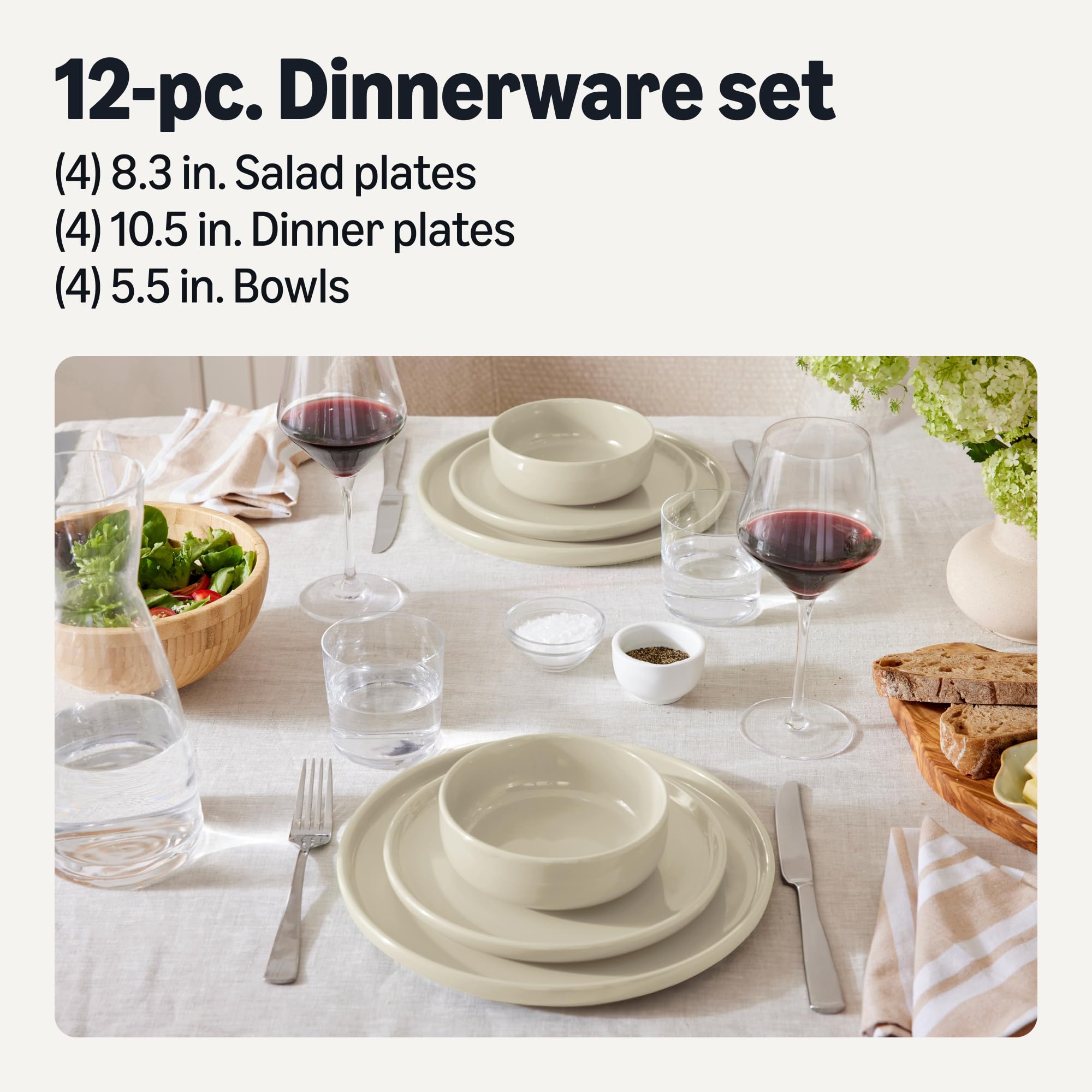 Amazon Basics Servizio da Tavola Gres 12 Pezzi 4 Coperti Avorio