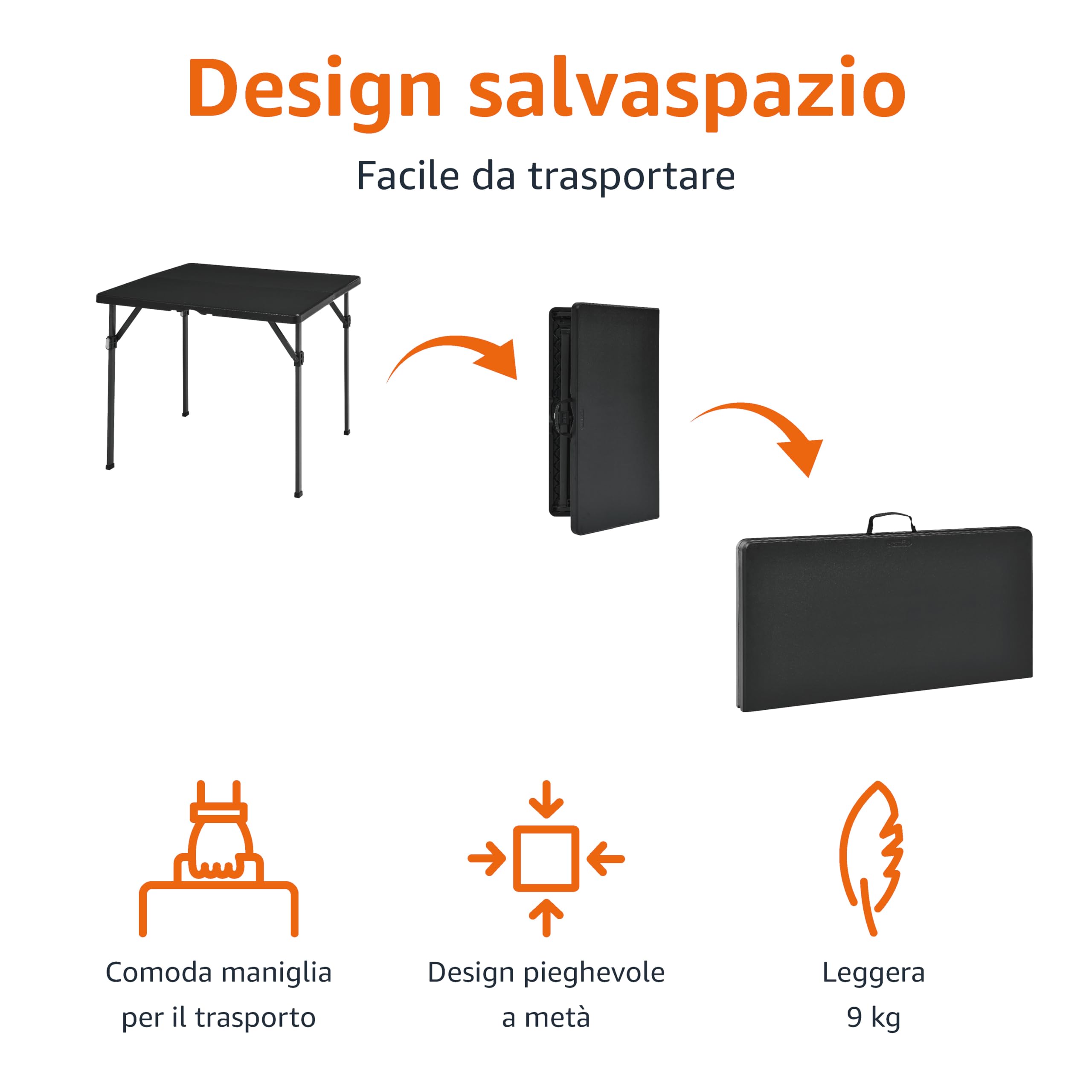 Amazon Basics Tavolo Pieghevole Nero 86x86 con Maniglia