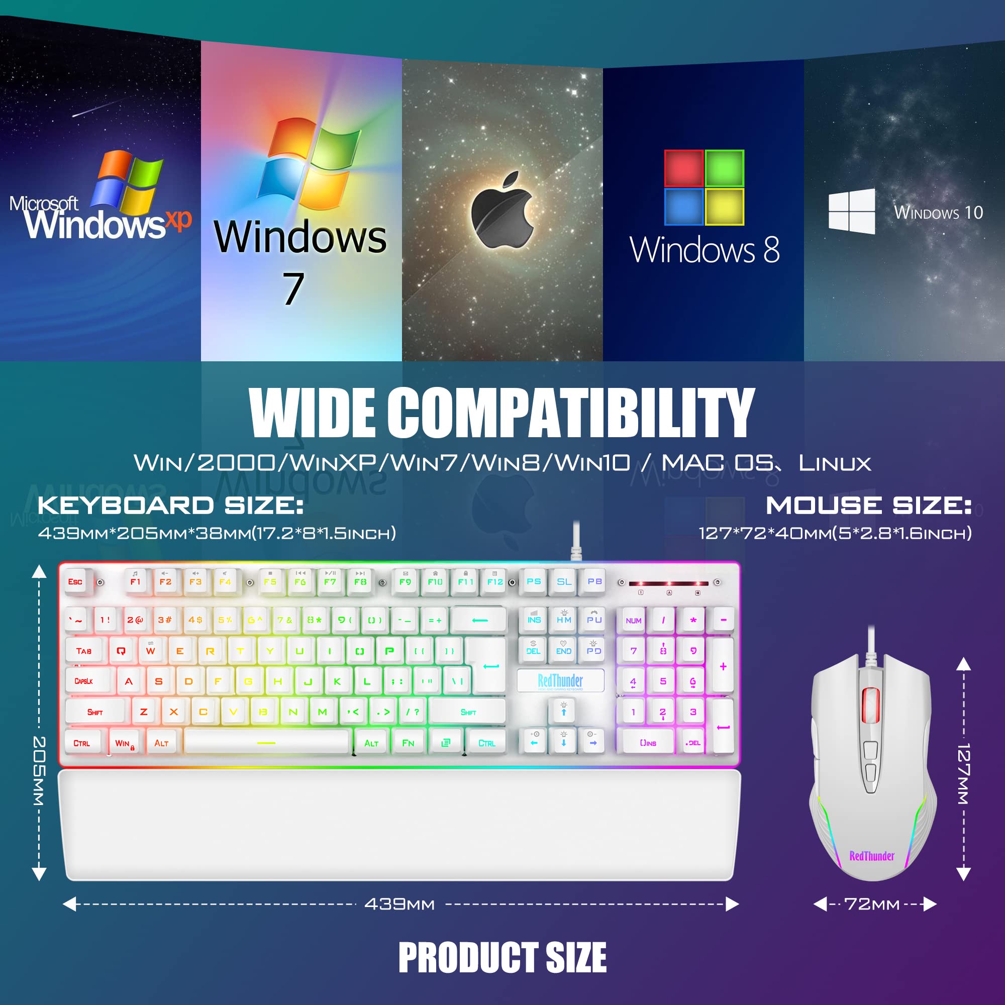RedThunder K10 Combo Tastiera e Mouse Cablati Bianchi RGB