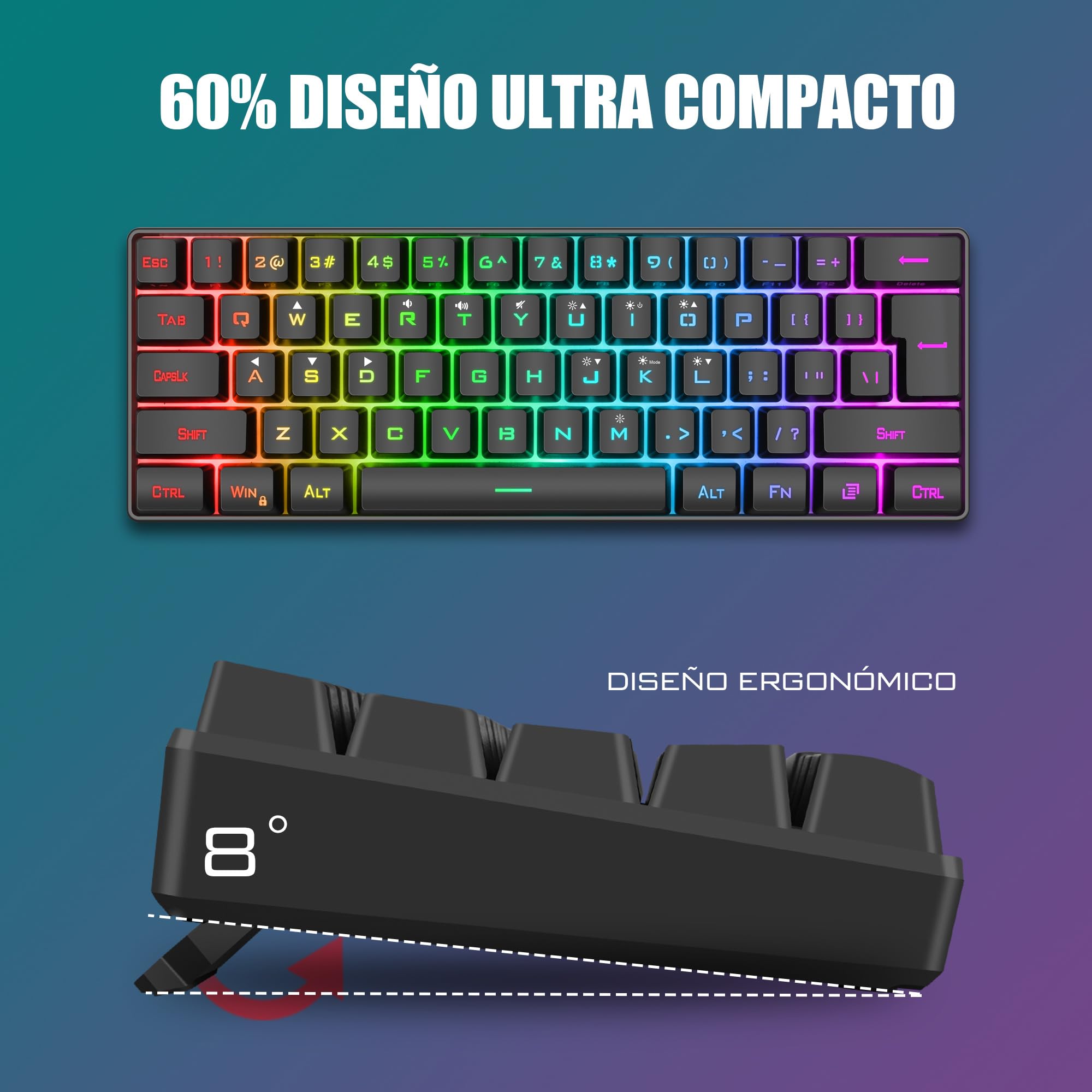 RedThunder K62 Kit Tastiera Mouse Gaming RGB 60% Nero 7200 DPI