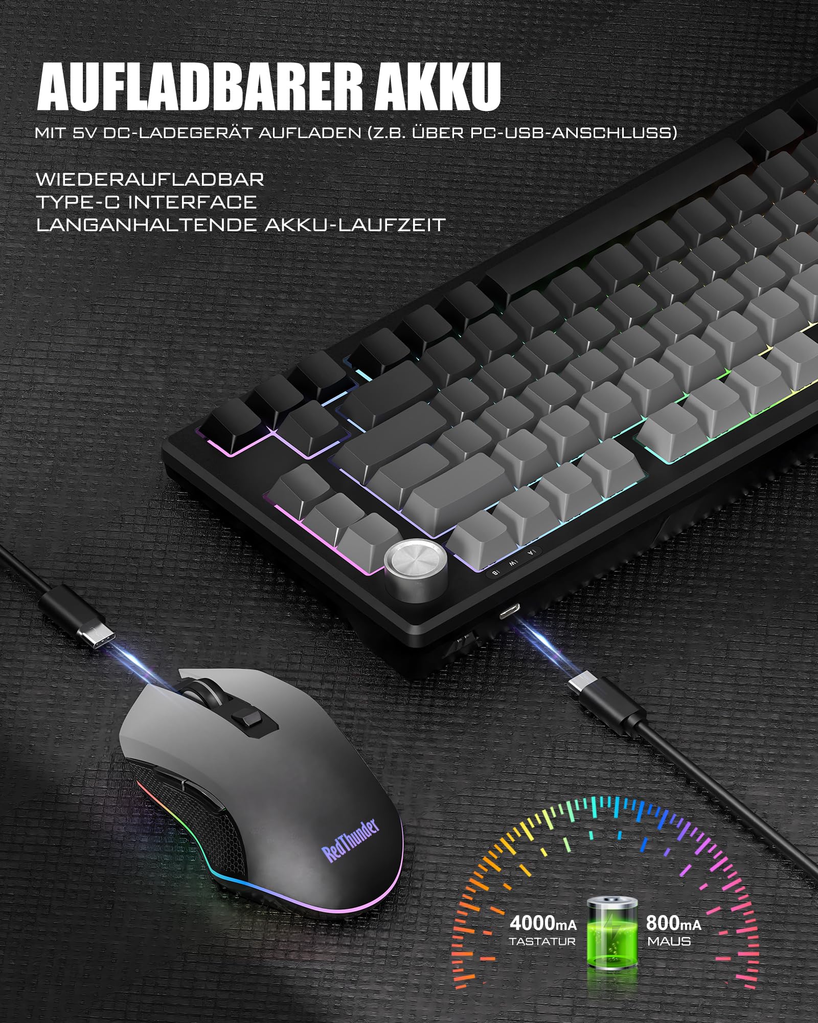 RedThunder K75 Kit Tastiera e Mouse Wireless RGB Grey
