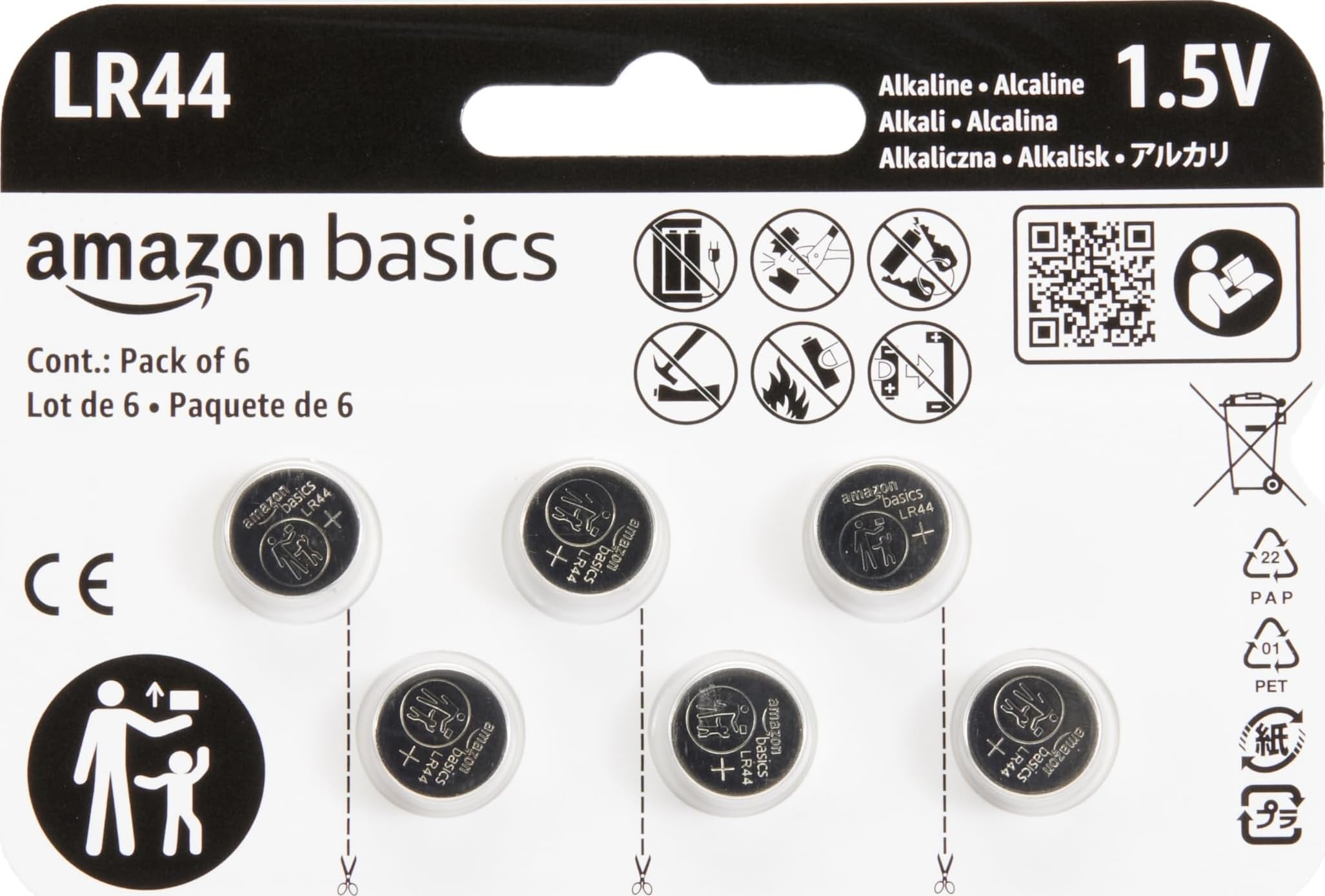 Amazon Basics Batterie Bottone LR44 6 Pezzi Lunga Durata