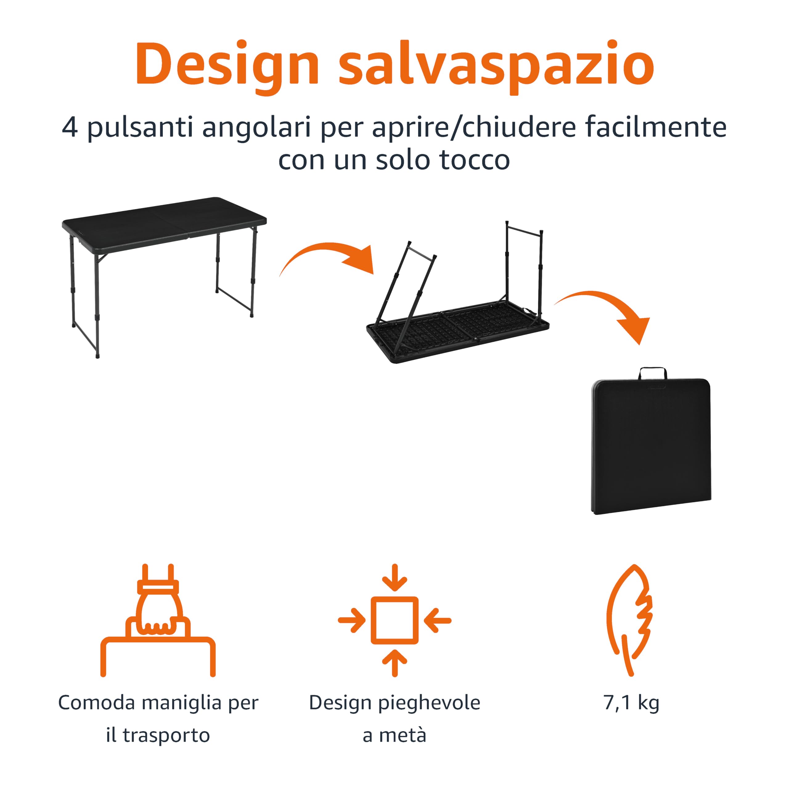 AmazonBasics Tavolo Pieghevole 121 cm Nero Altezza Regolabile