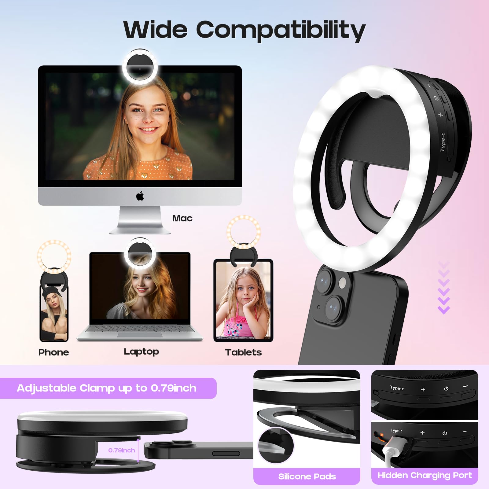 RealPlus Ring Light Ruotabile Luce Selfie Nero 40 LED Ricaricabile