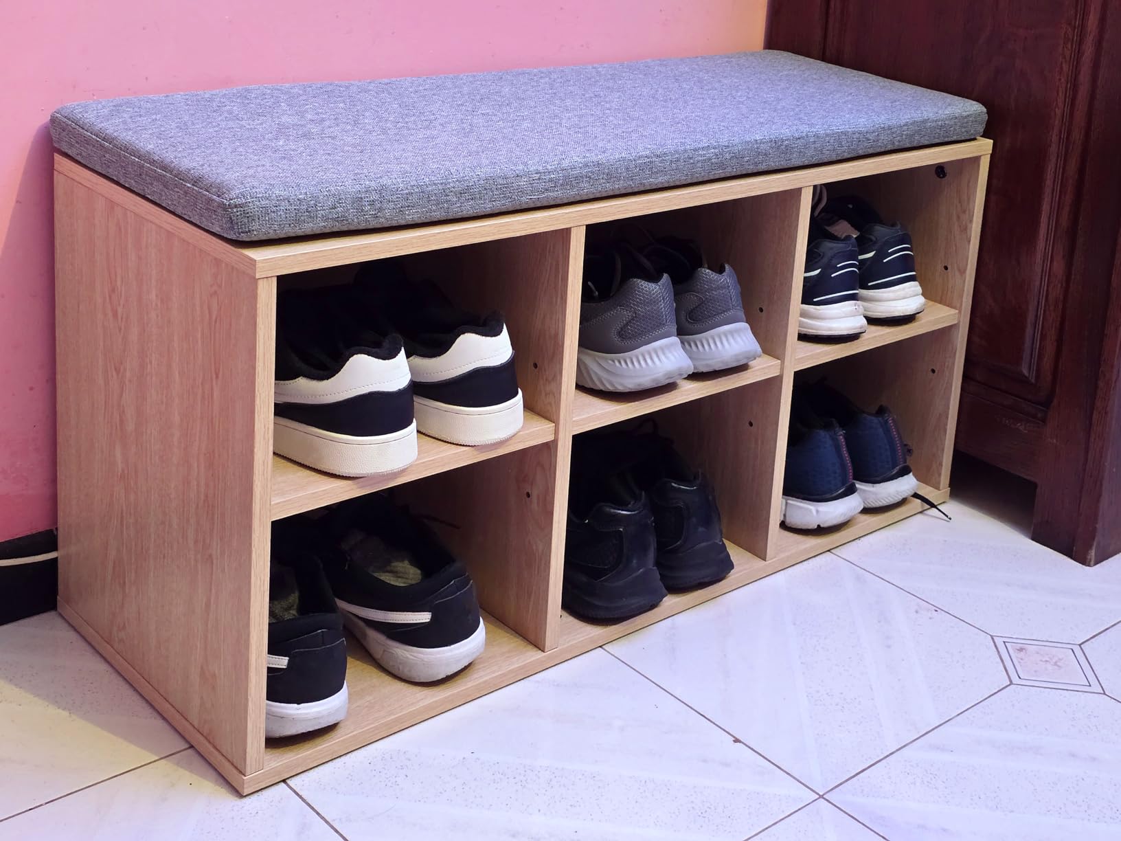 Amazon Basics panca portascarpe con cuscino rovere 6 scomparti