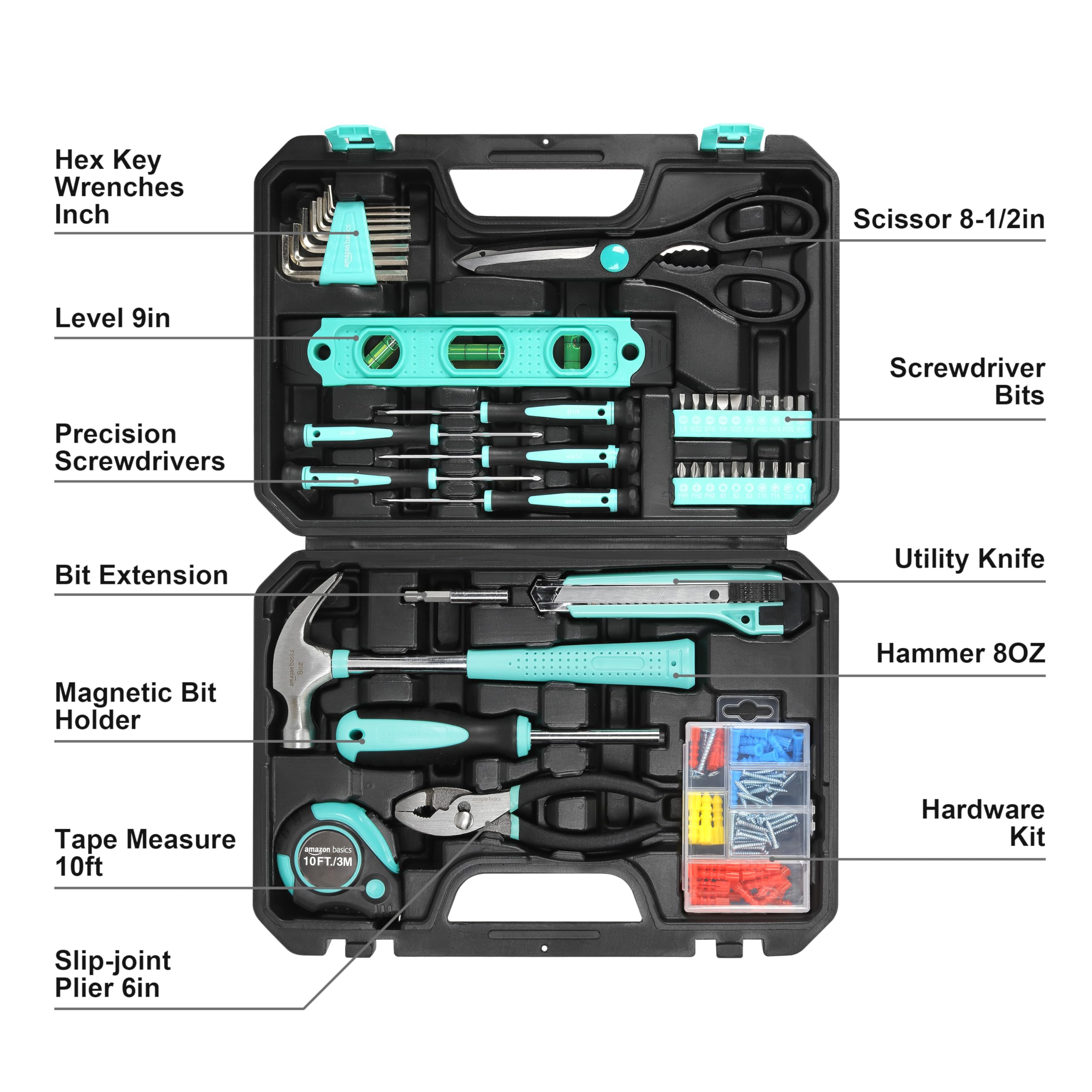 AmazonBasics kit attrezzi casa 142 pezzi turchese con valigetta