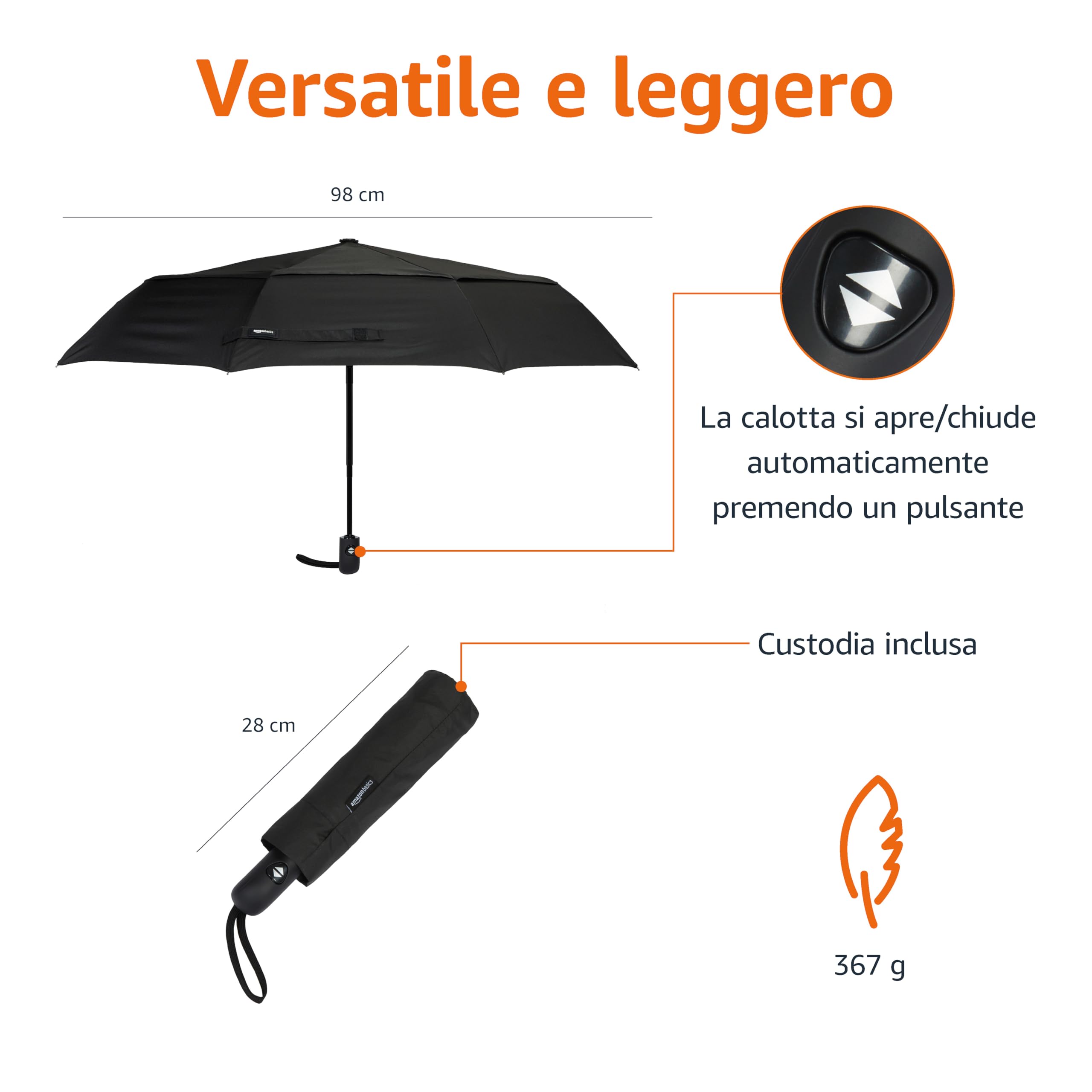 AmazonBasics Ombrello Viaggio Automatico Antivento Nero 98 cm