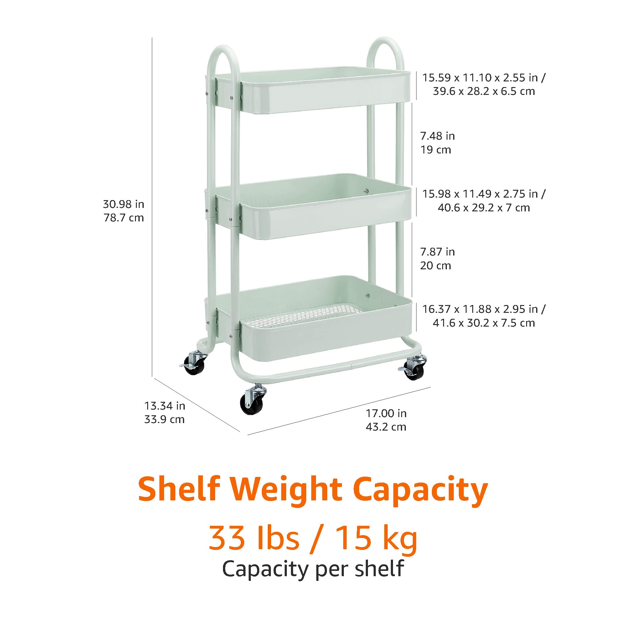 AmazonBasics carrello 3 scomparti verde menta con ruote