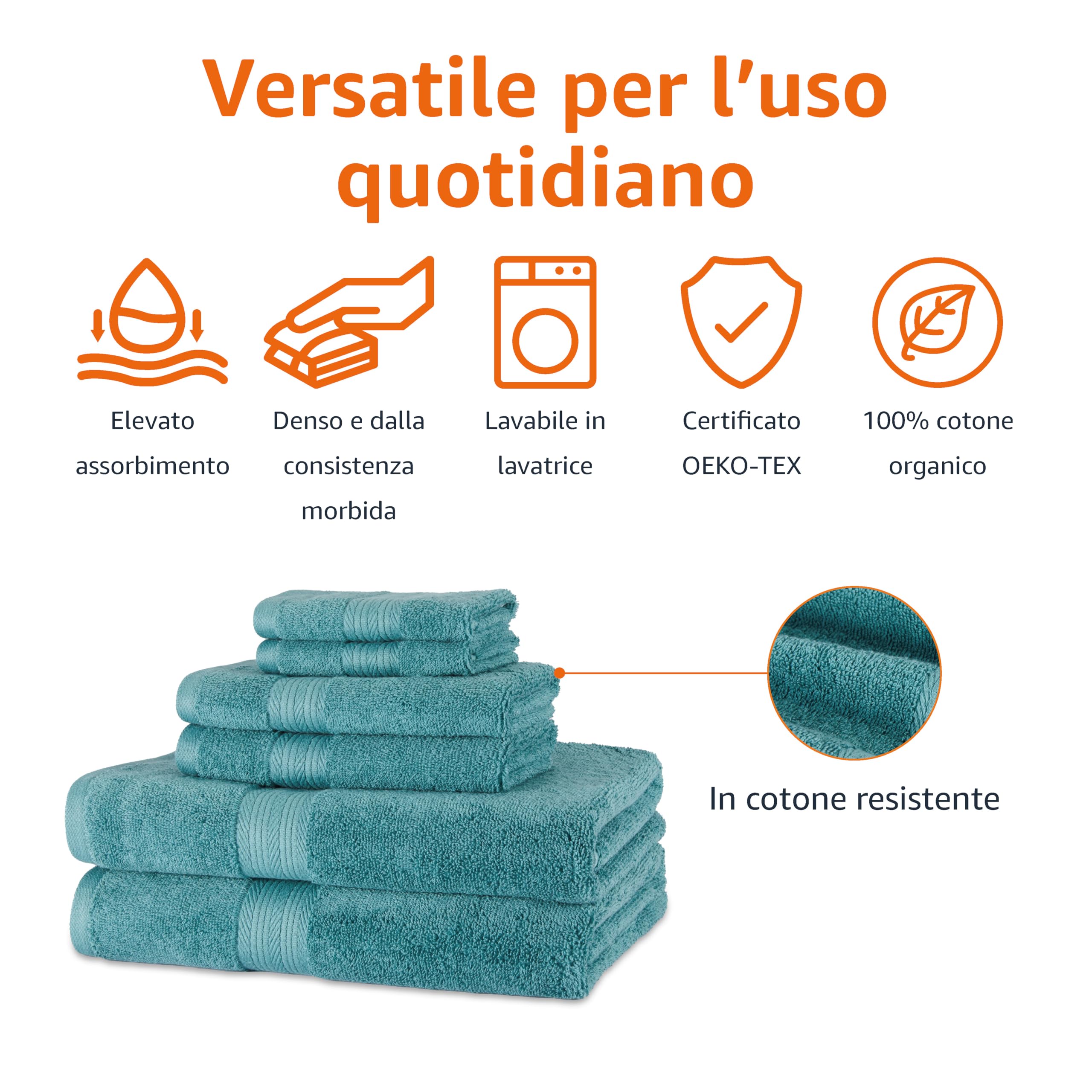 AmazonBasics Set Asciugamani Cotone Bio 6 Pezzi Verde Acqua