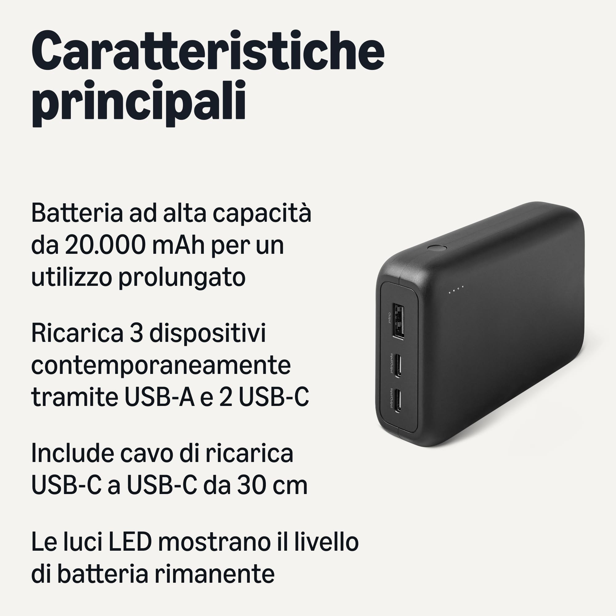 Amazon Basics Power Bank 20000mAh Nero 3 Porte