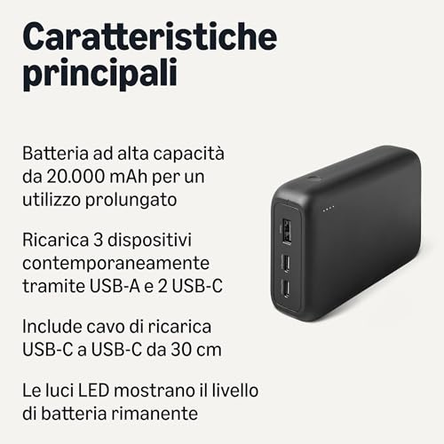Amazon Basics Power Bank 20000mAh Nero 3 Porte