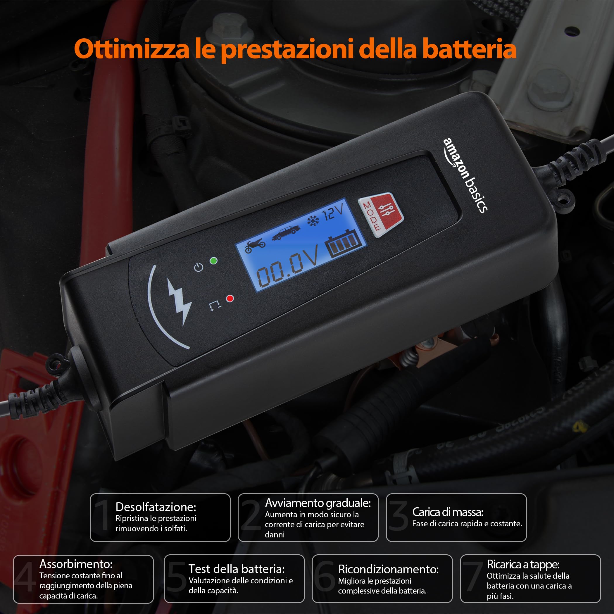 Amazon Basics Caricabatterie Auto 6V 12V 2A 4A Nero con Tester