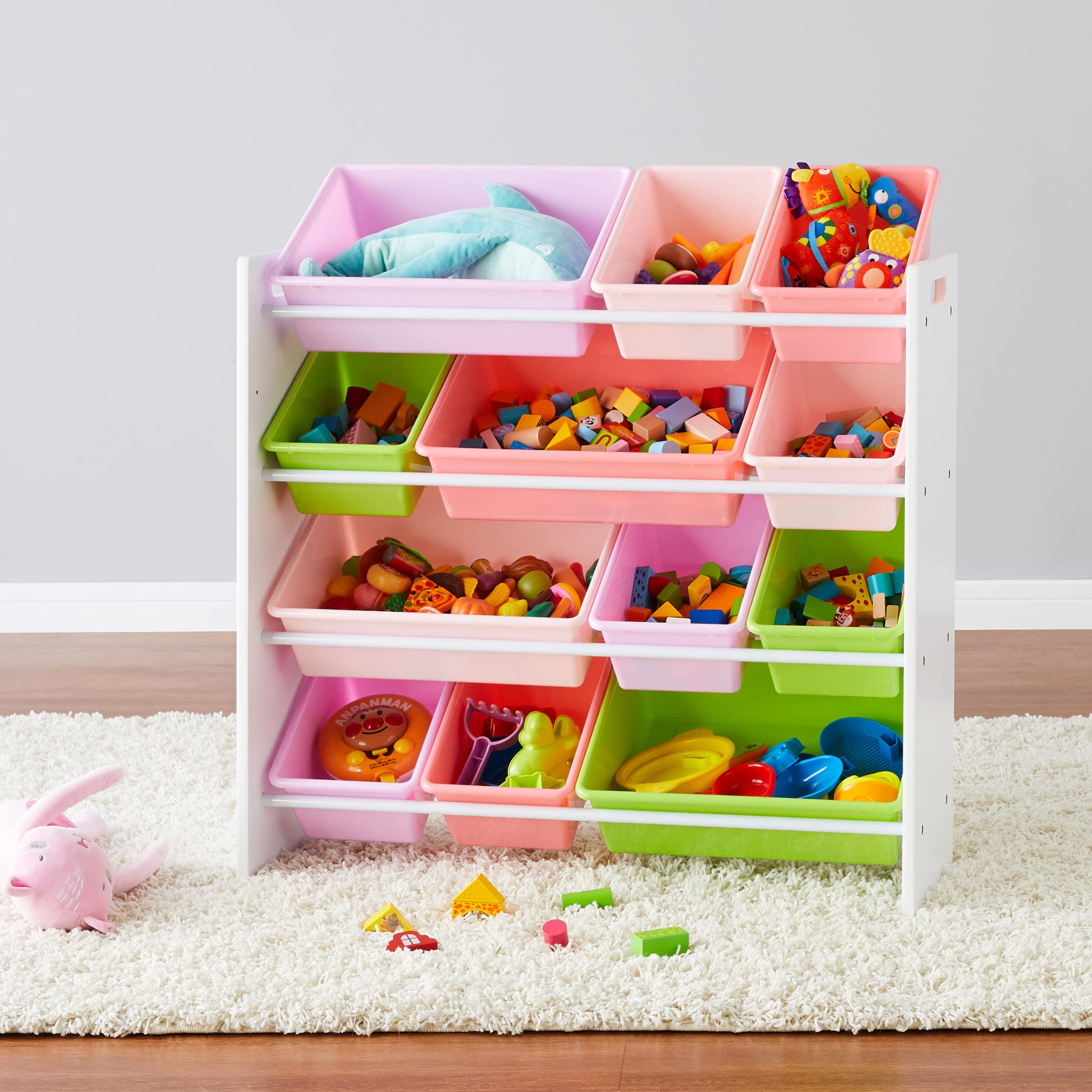 Amazon Basics Organizer Giocattoli 12 Contenitori Bianco Rosa Legno
