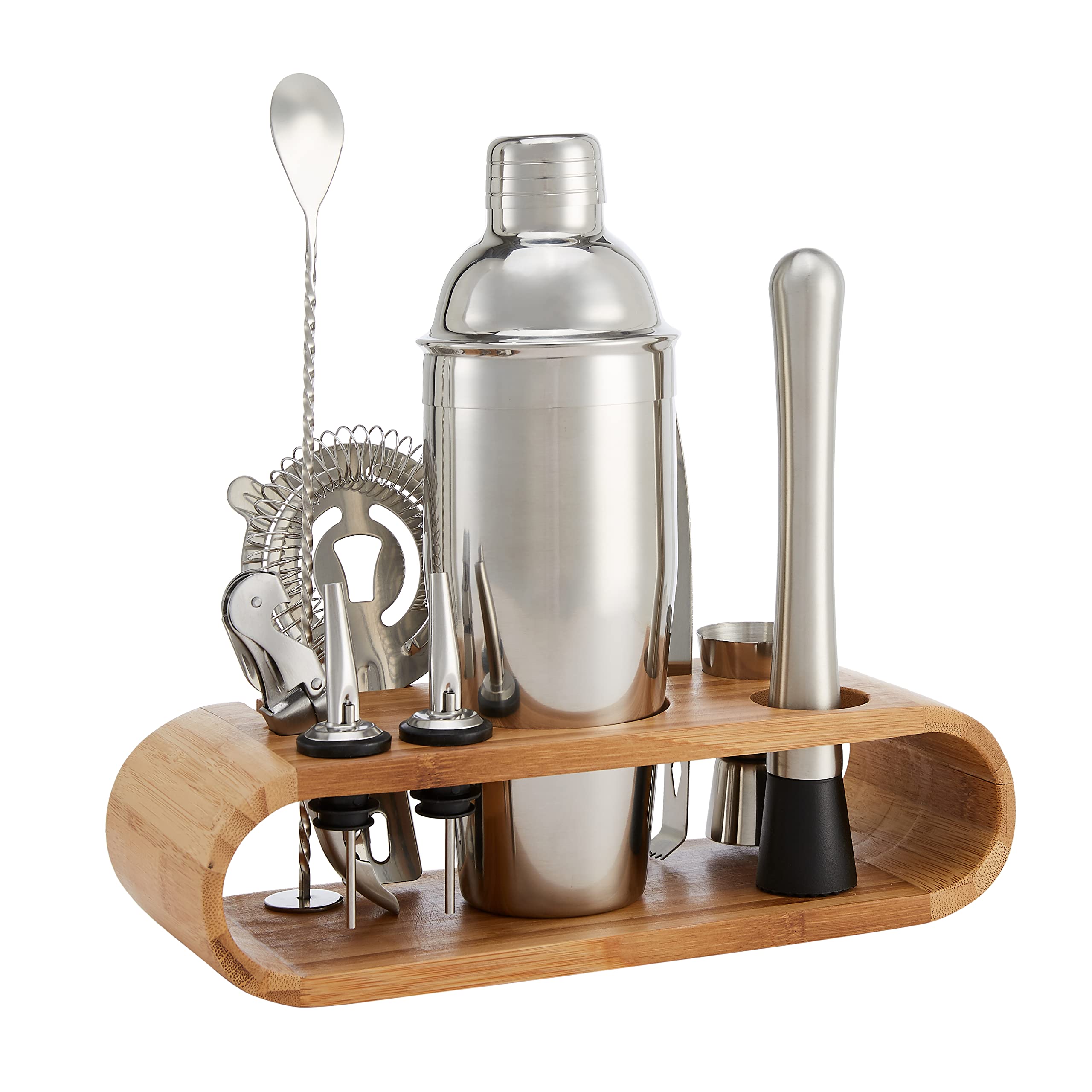 Amazon Basics set bar cocktail inox 10 pezzi con stand bambù