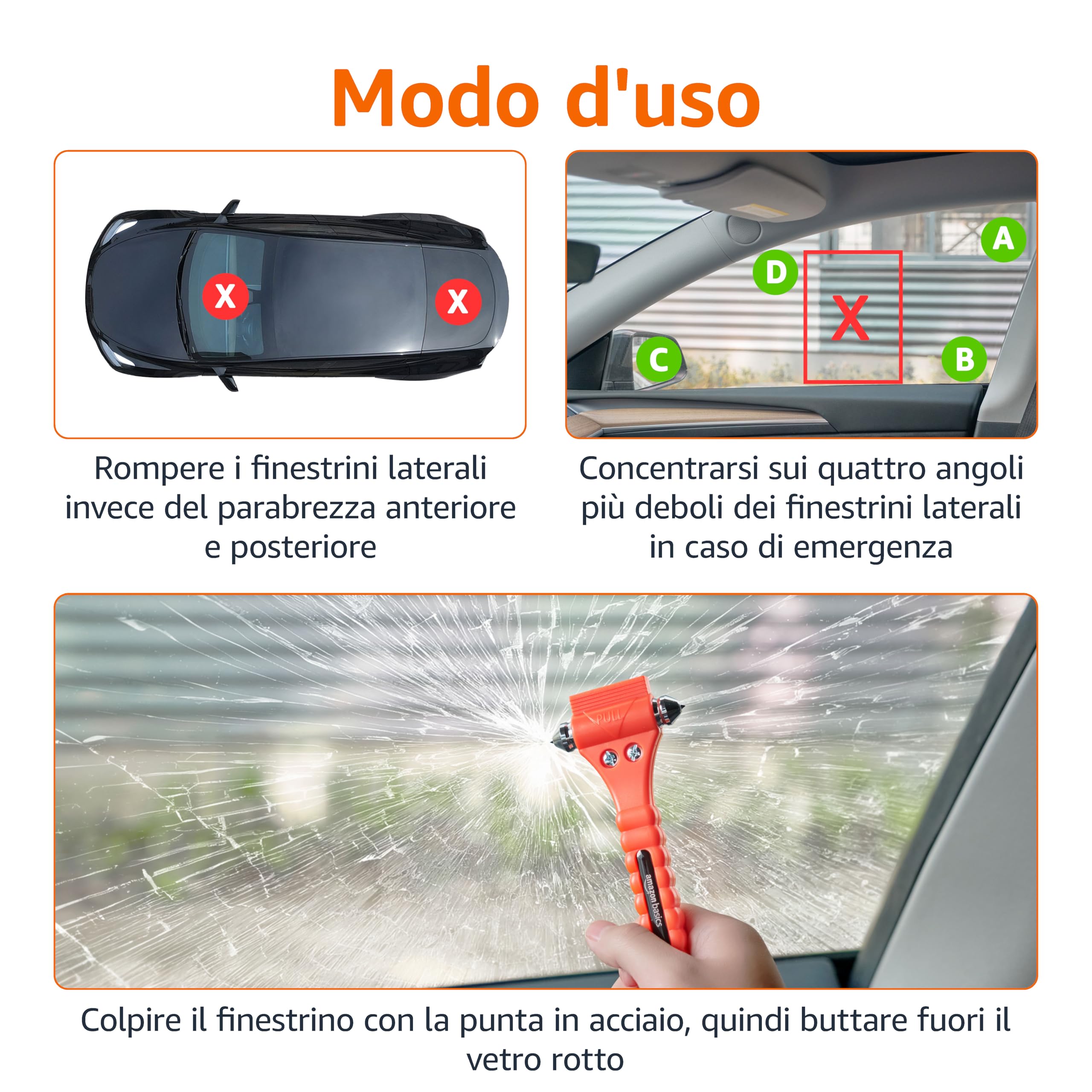 AmazonBasics martello emergenza rompivetro taglierino 2 pezzi
