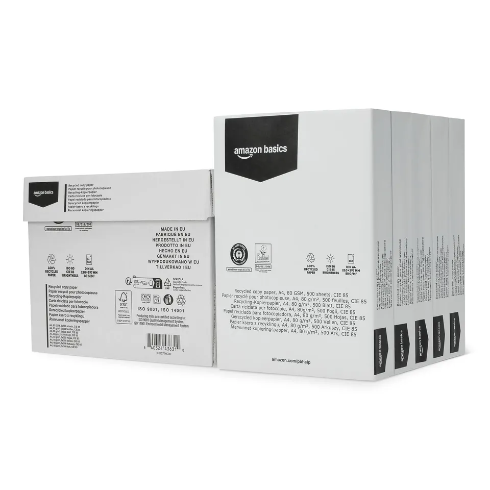 AmazonBasics Carta fotocopie A4 80gsm riciclata 2500 fogli