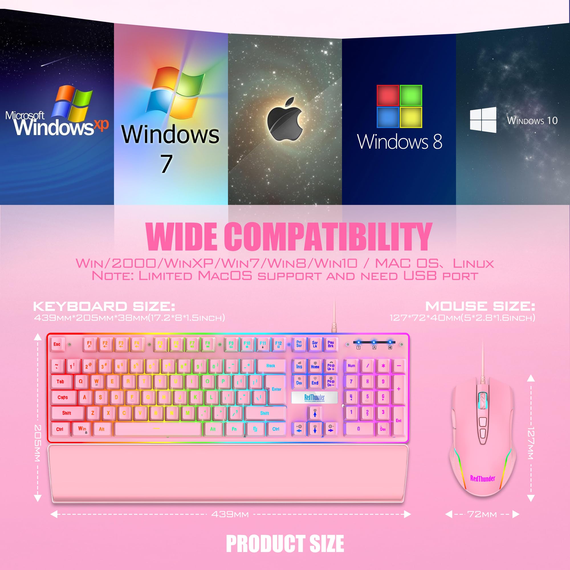 RedThunder K10 Combo Tastiera Mouse Gaming RGB Rosa