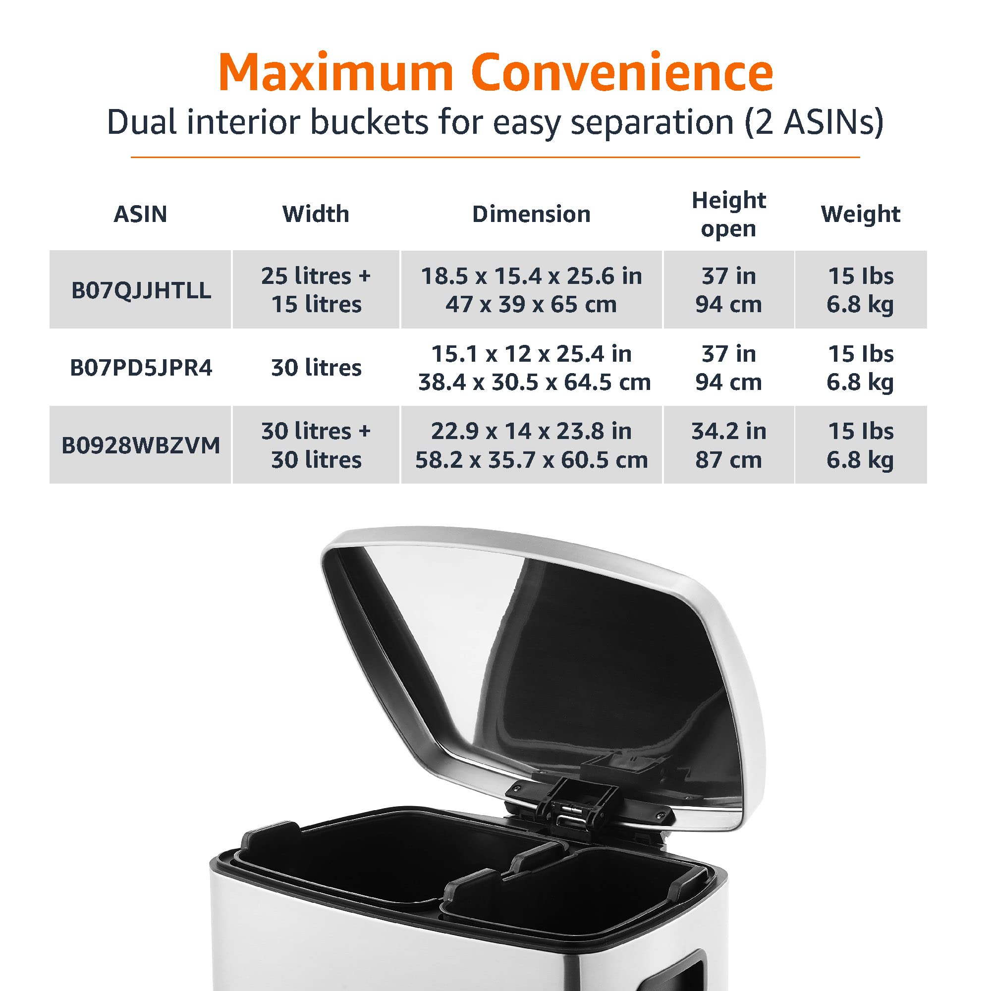 AmazonBasics Pattumiera 30+30L Doppia 60L Acciaio Inox