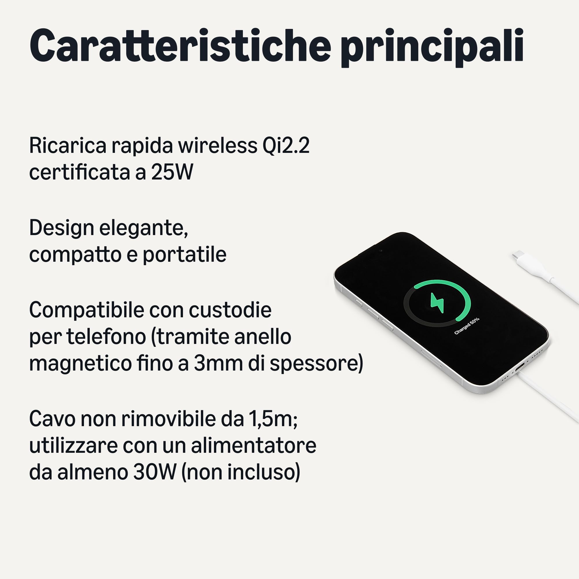 AmazonBasics Base Ricarica Wireless Qi2.2 25W Bianco Magnetico