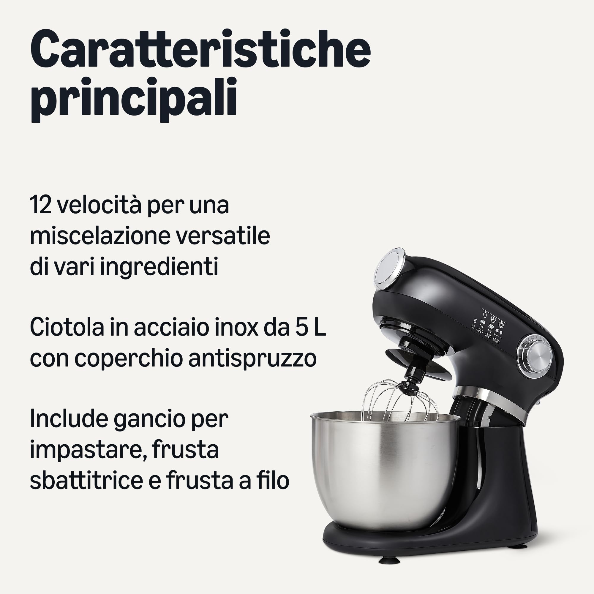 Amazon Basics Mixer Planetaria 5L 1000W 12 Velocità Nero con Ciotola