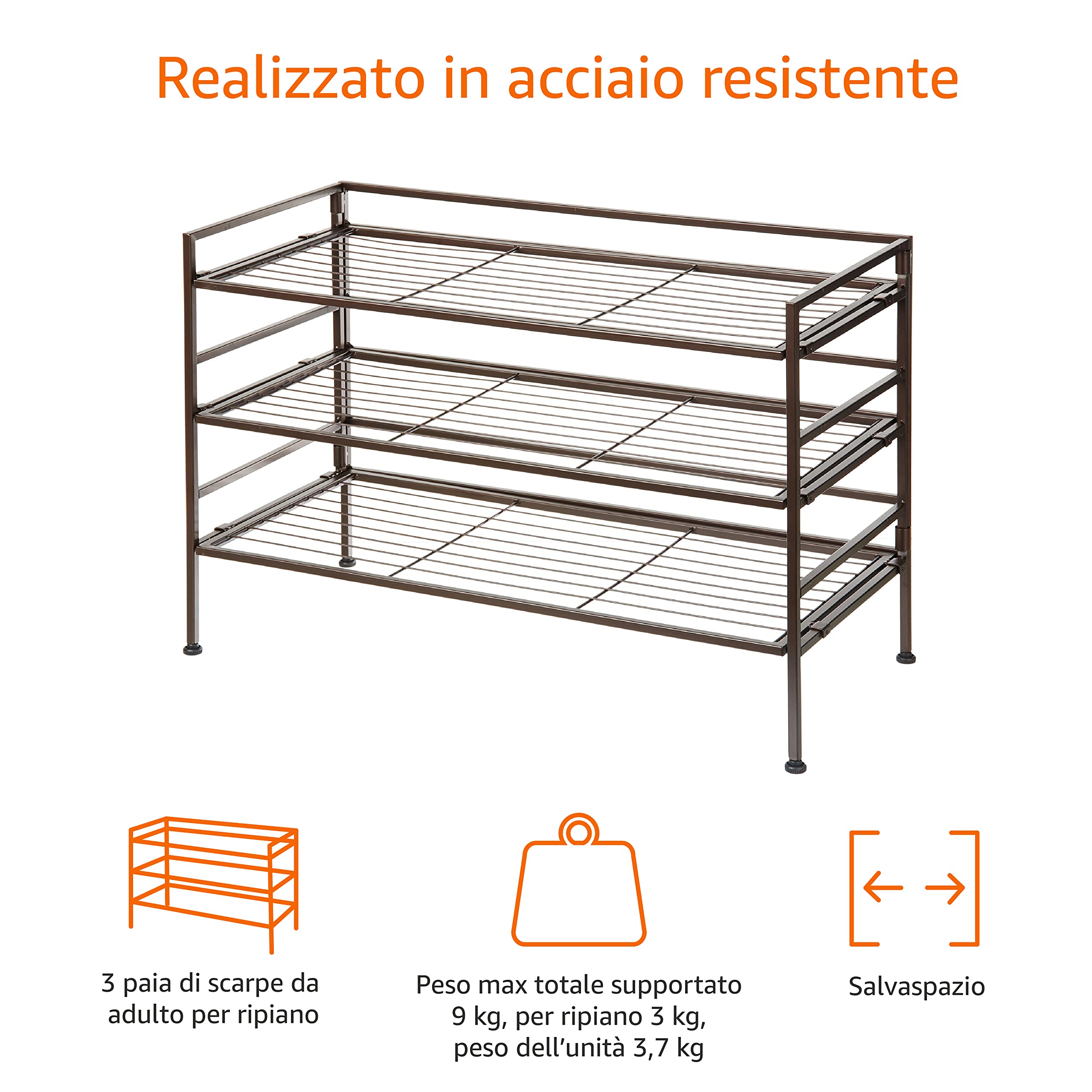 Amazon Basics Scarpiera 3 Ripiani 9 Paia Marrone 68x32x47,5 cm